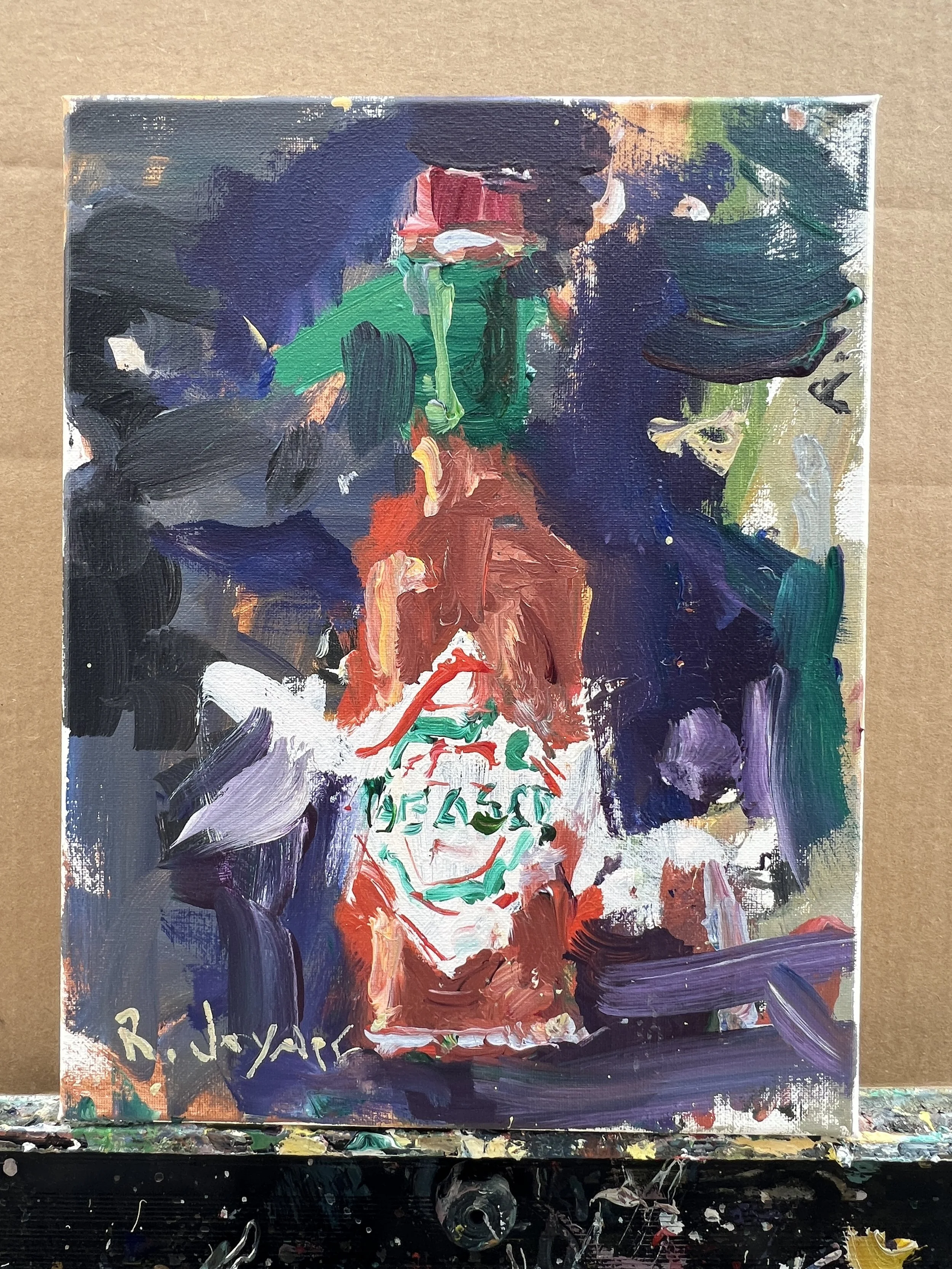 Loose expressive original painting of Tabasco sauce bottle in red and green on canvas - kitchen wall art shows all four edges