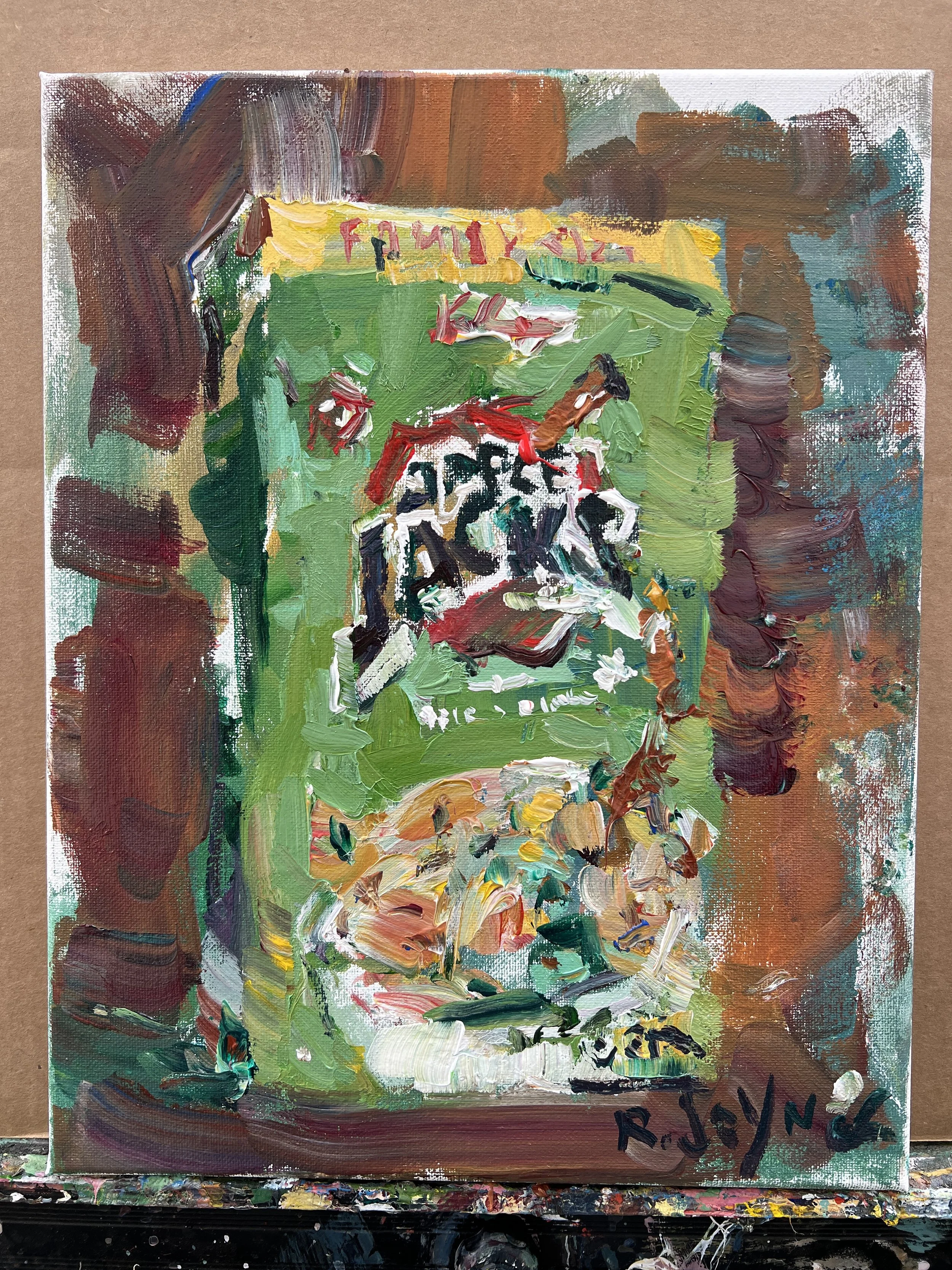 Bold expressive painting of Apple Jacks cereal box in bright colors, acrylics on 12x9 canvas - shows all edges