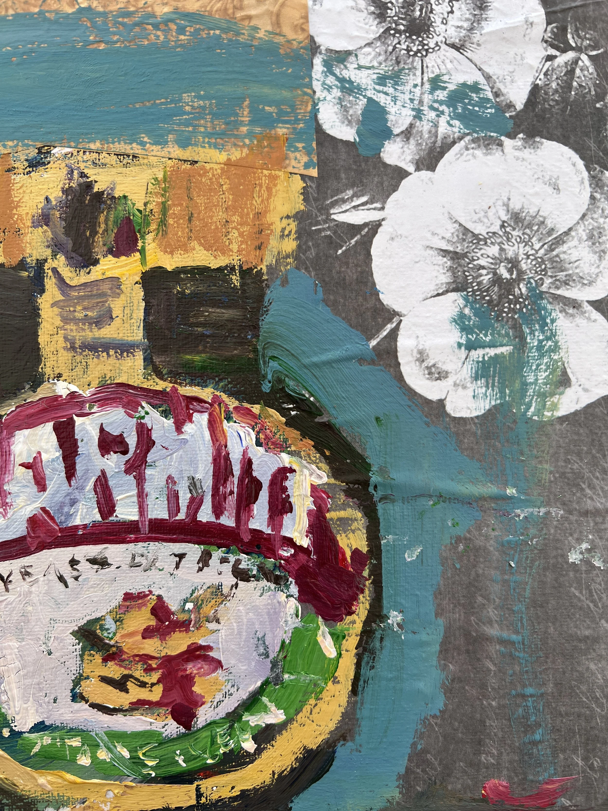 Bold expressive painting of Marmite yeast extract jar with yellow cap and collage elements, acrylics on 12x12 canvas - close up 3