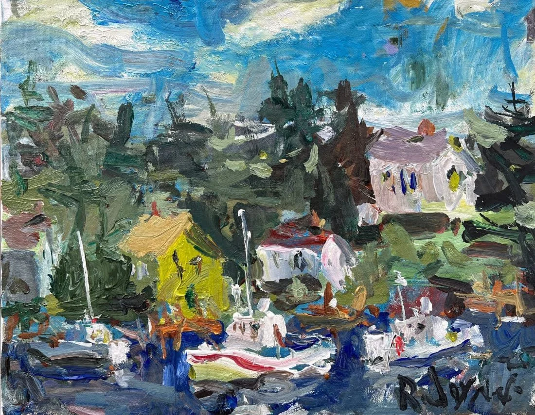 Loose expressive original Maine painting of a fish house with boats and reflections in the water.