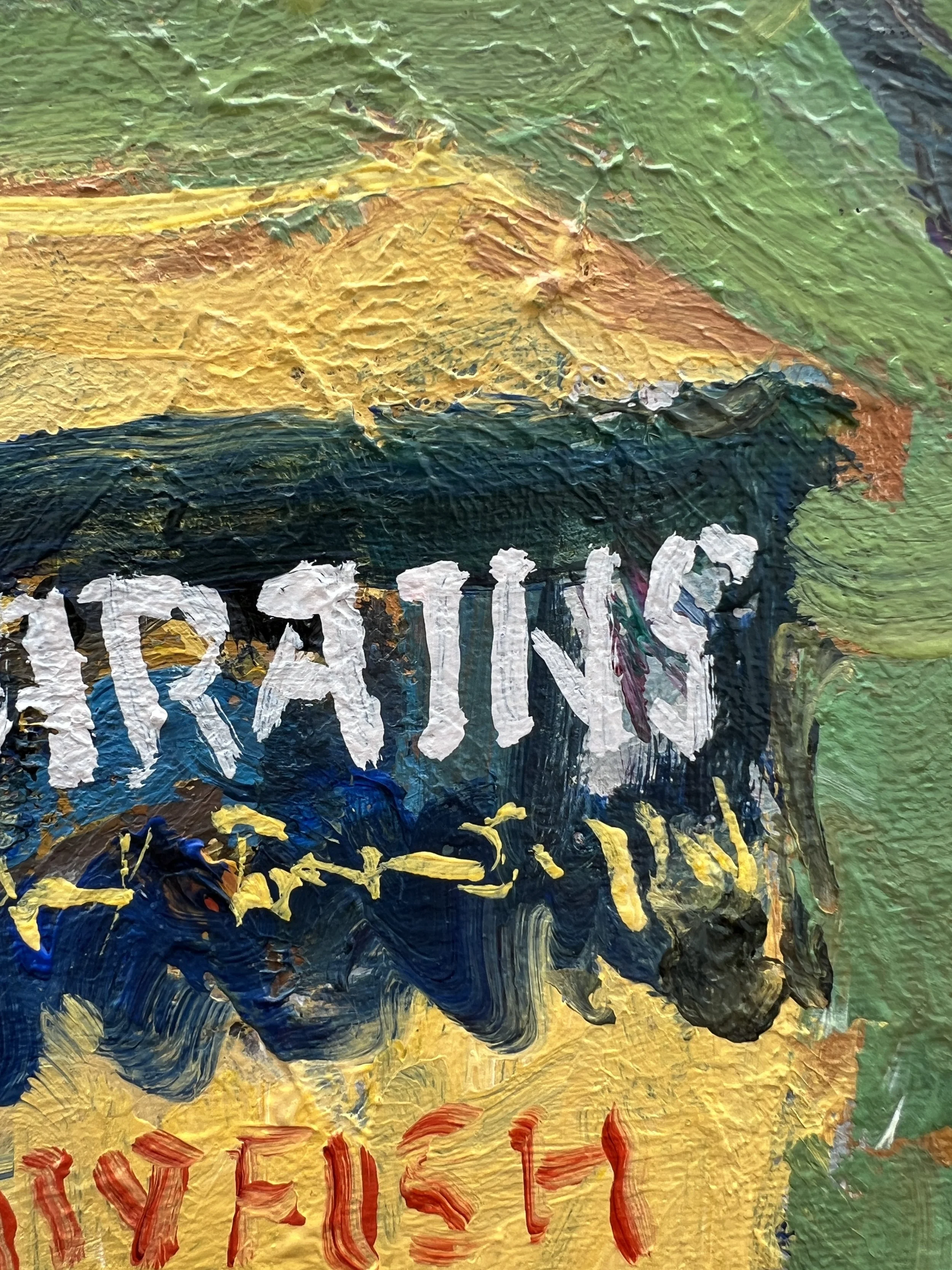 Close-up of Loose expressive original painting of Zatarain's crawfish boil seasoning box