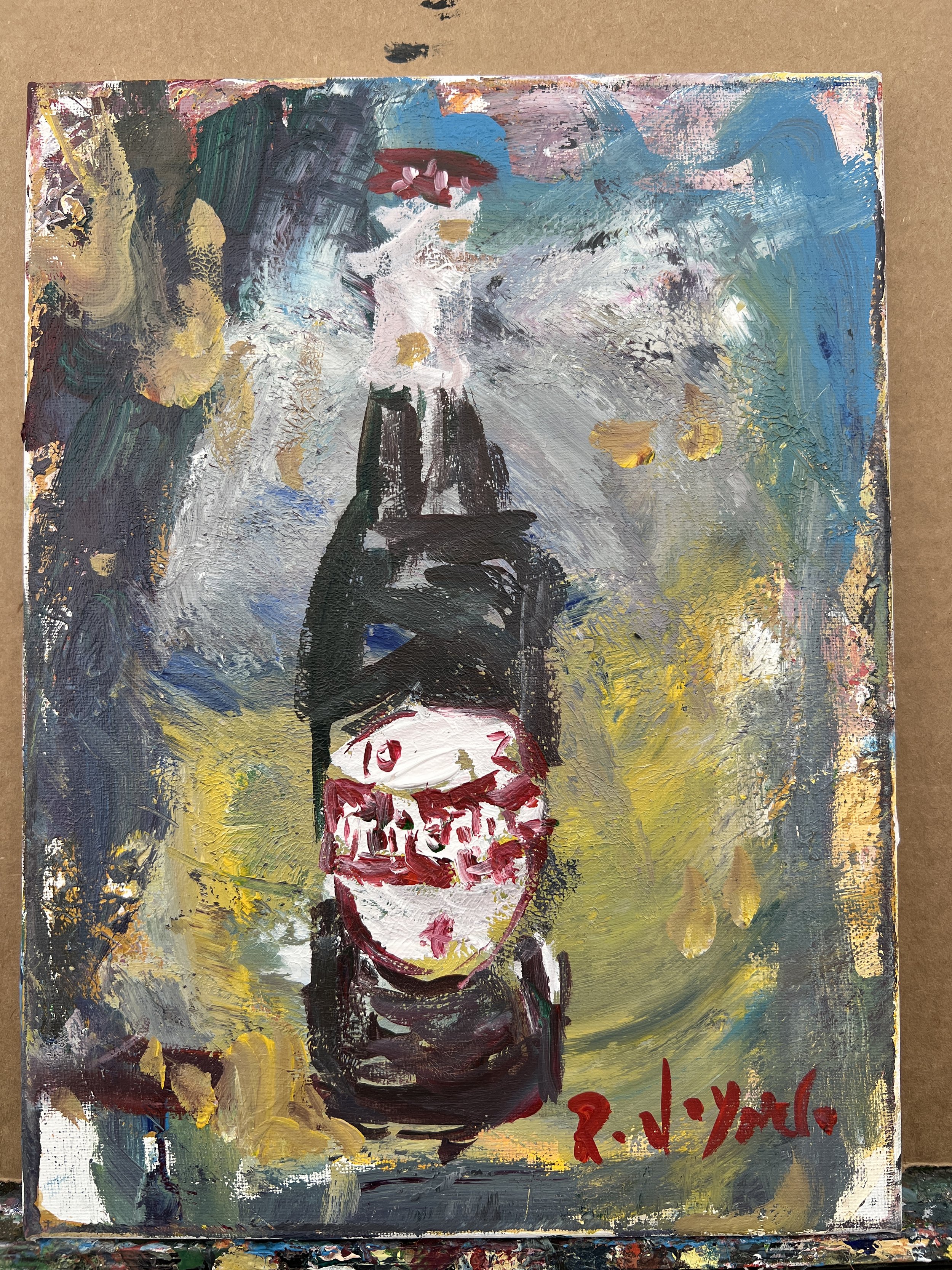 Loose expressive acrylic painting of a vintage Dr Pepper soda bottle with bold red and white brushstrokes on a 12x9 canvas, nostalgic Americana kitchen and bar wall art shows all edges