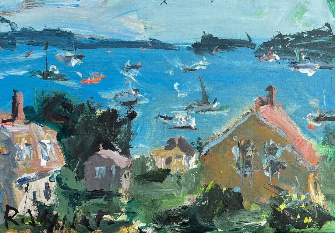 Loose expressive painting of a Maine harbor with distant lobster boats and reflections on the water.