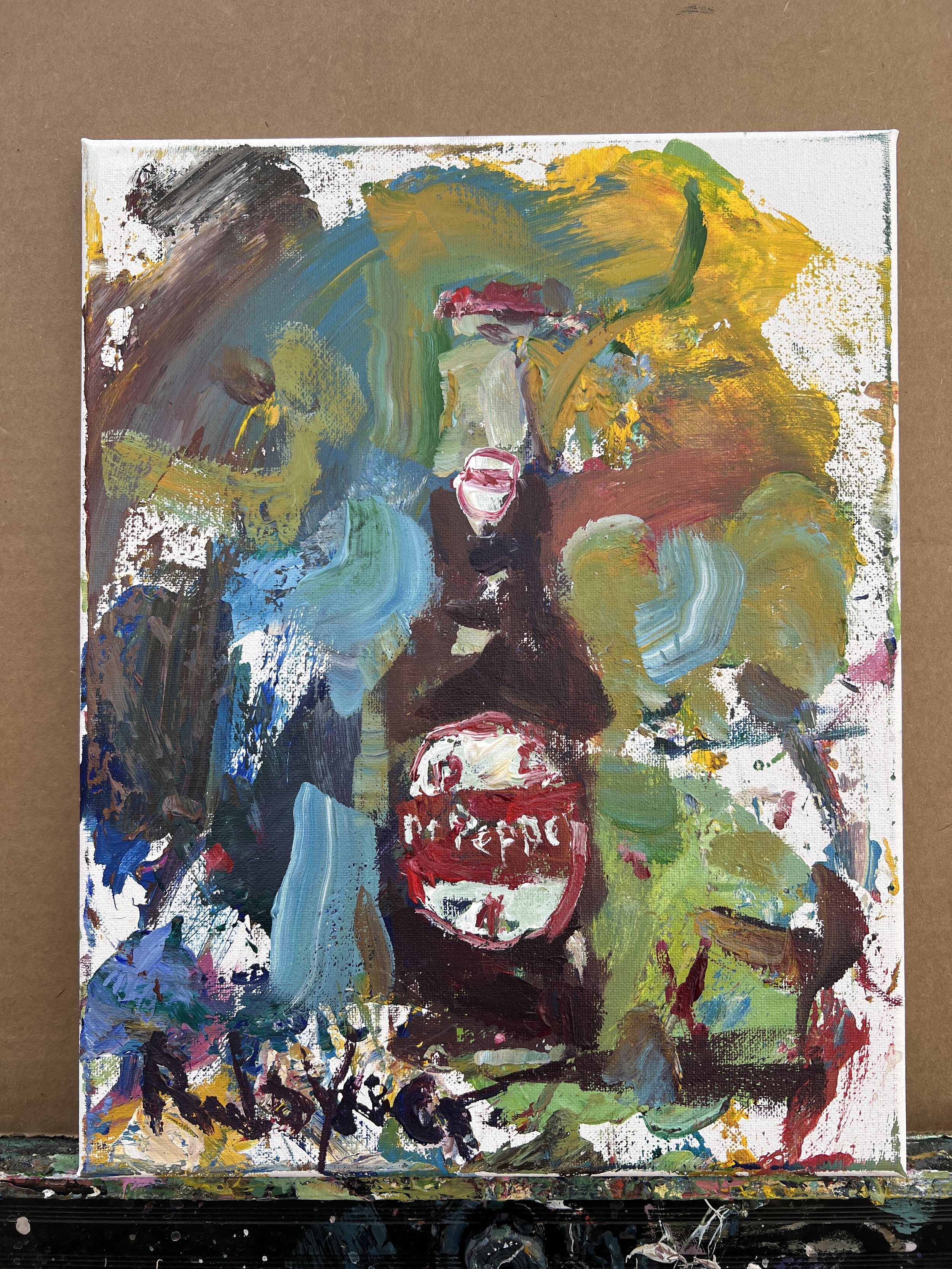 Bold, expressive still life featuring a vintage Dr Pepper bottle painting shows all edges