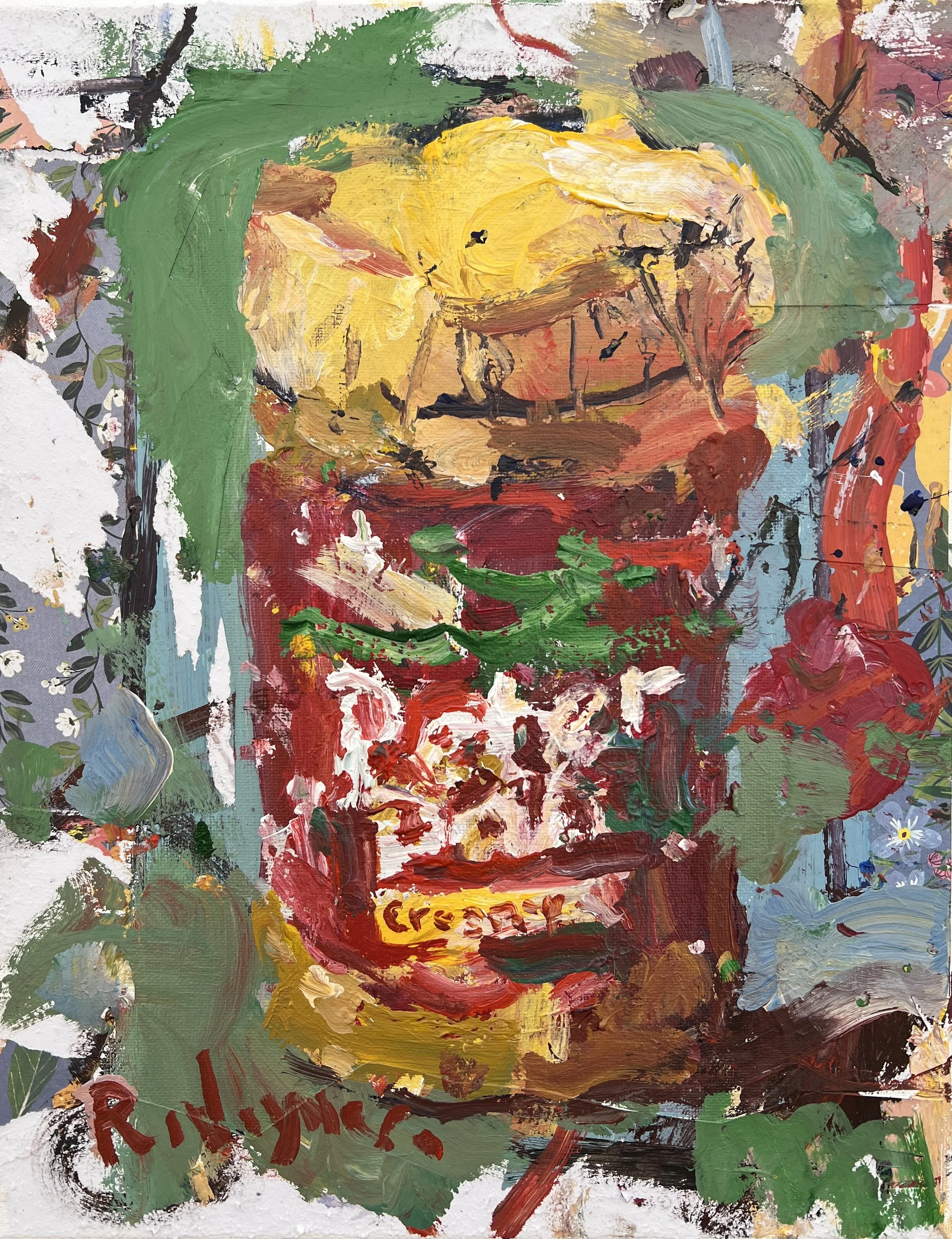 Textured original painting of Peter Pan peanut butter jar in red with yellow cap and green label, acrylics and collage on 14x11 canvas - kitchen wall art