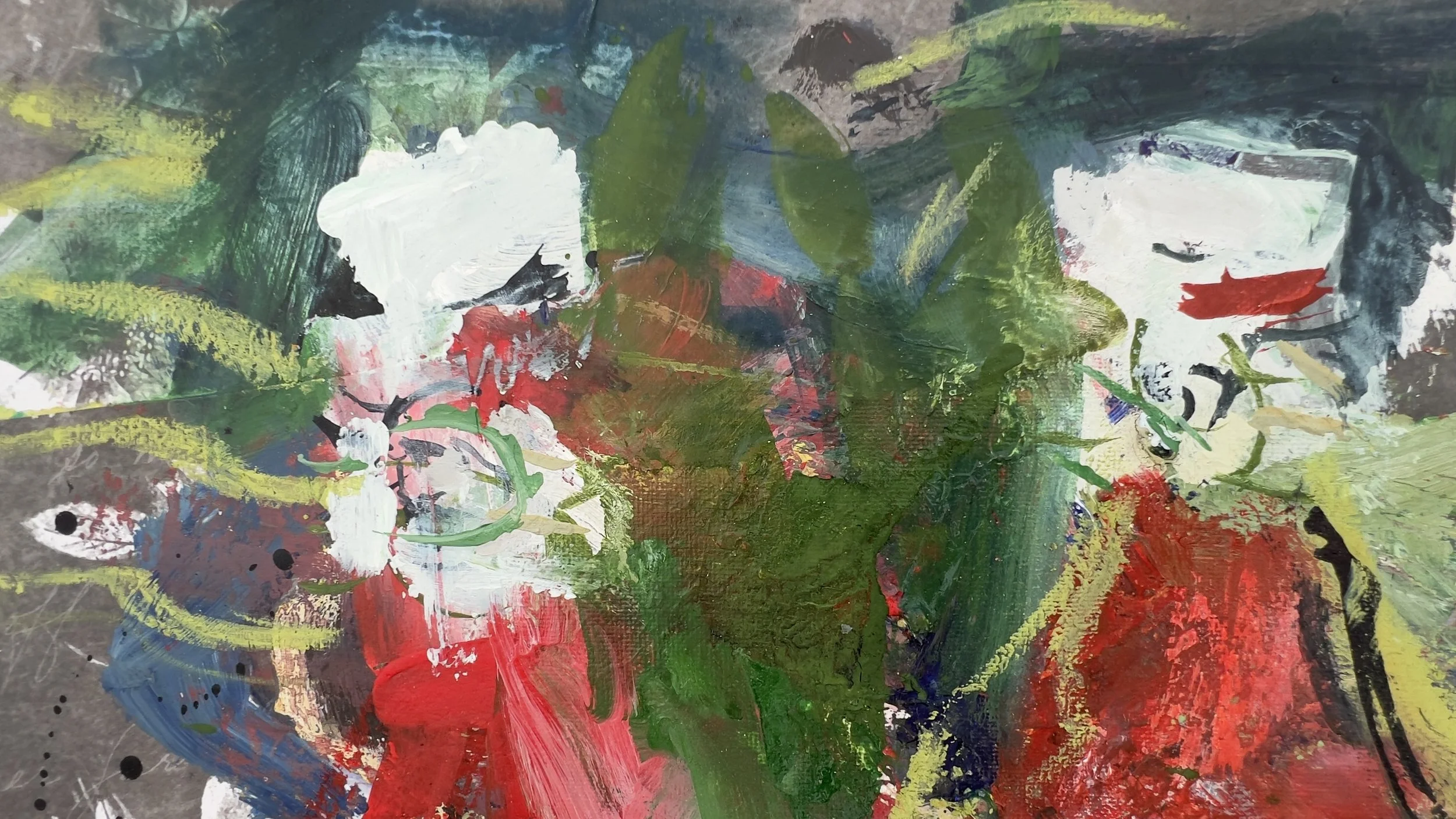 Three ketchup bottles in an expressive mixed media and collage painting by Robert Joyner