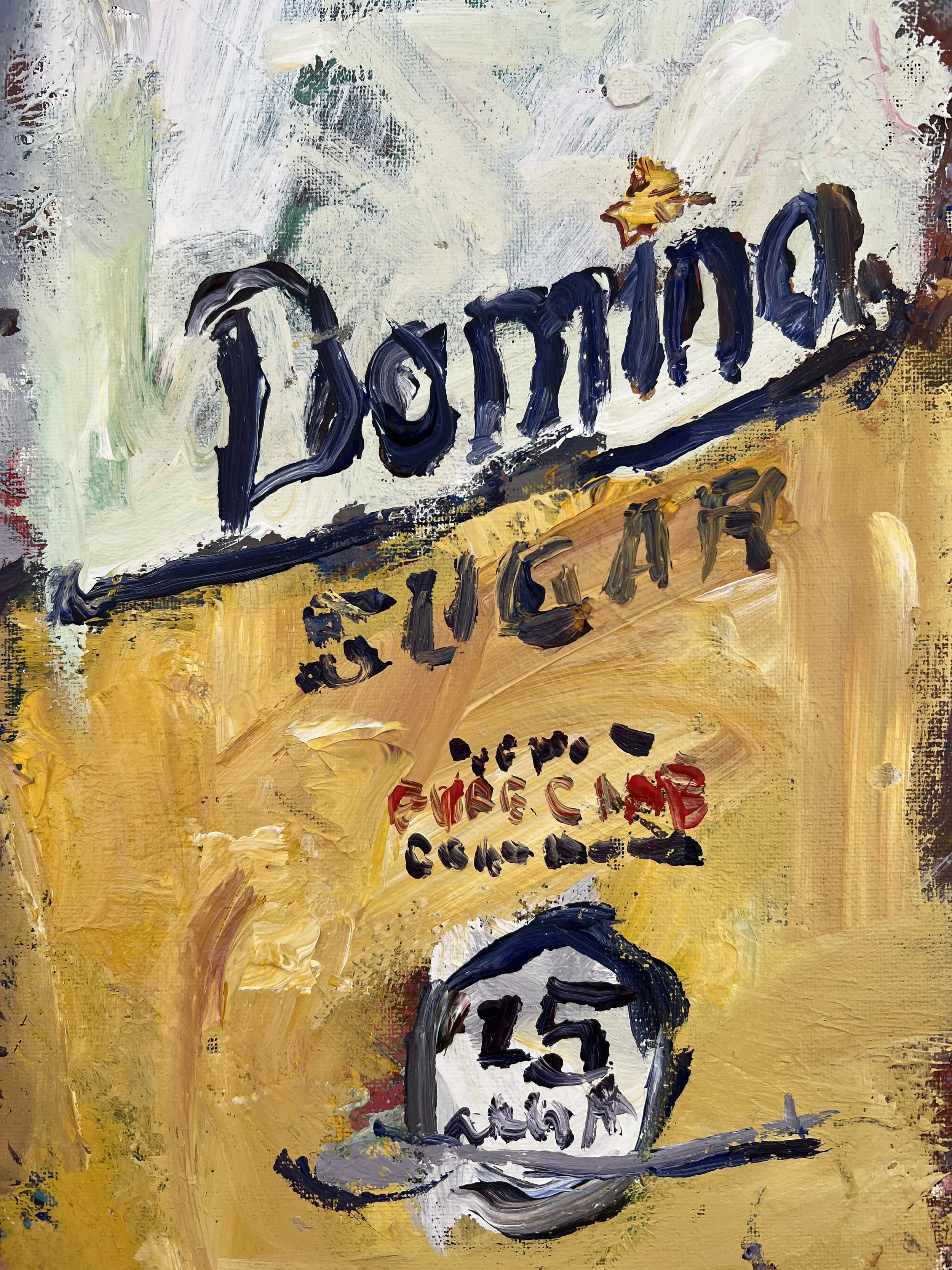 Bold expressive painting of Domino Pure Cane Sugar yellow bag with blue script, acrylics on 20x16 canvas - close up 3
