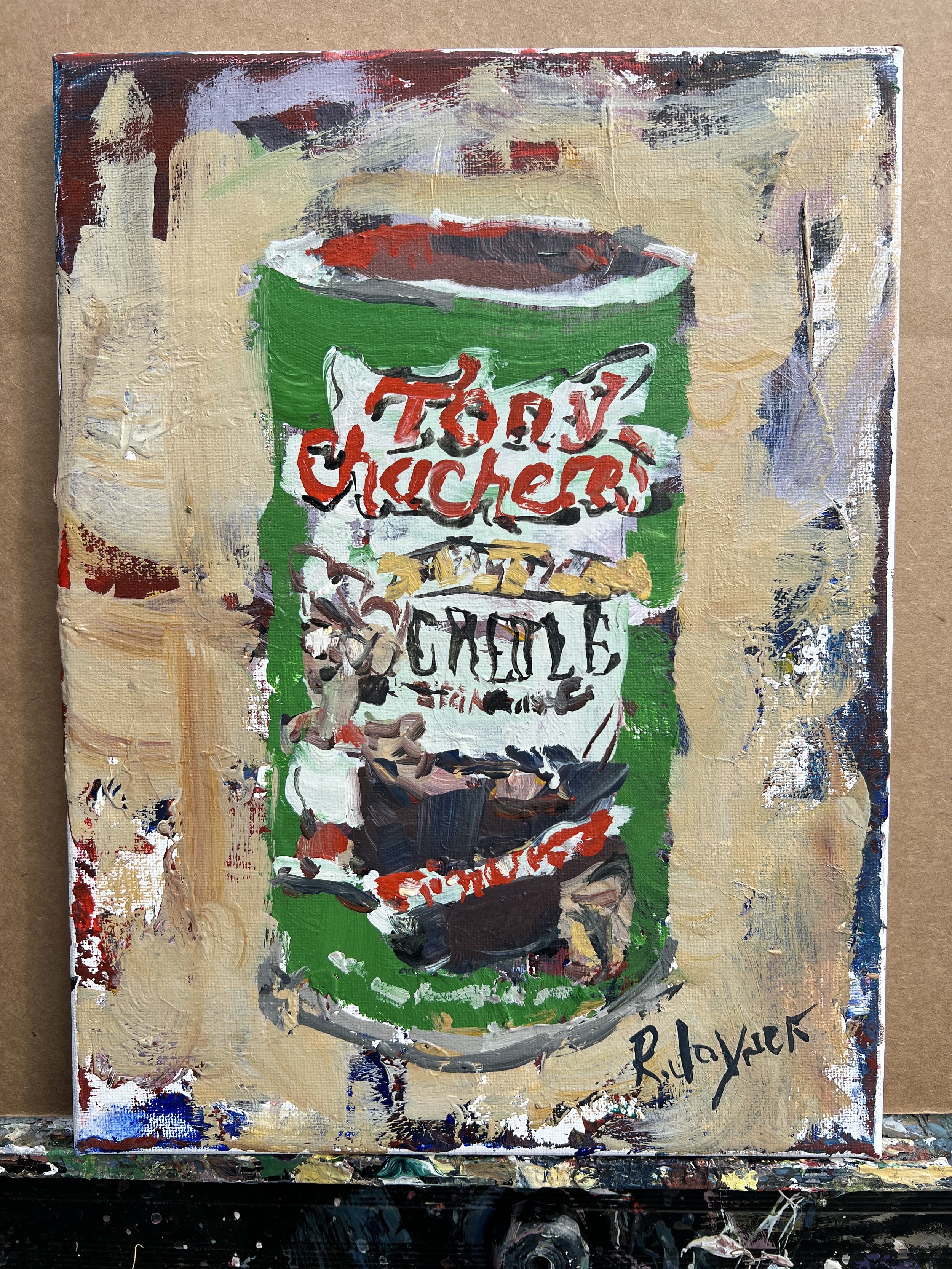 Loose expressive original painting of Tony Chachere's creole seasoning on canvas - kitchen wall art shows all four edges