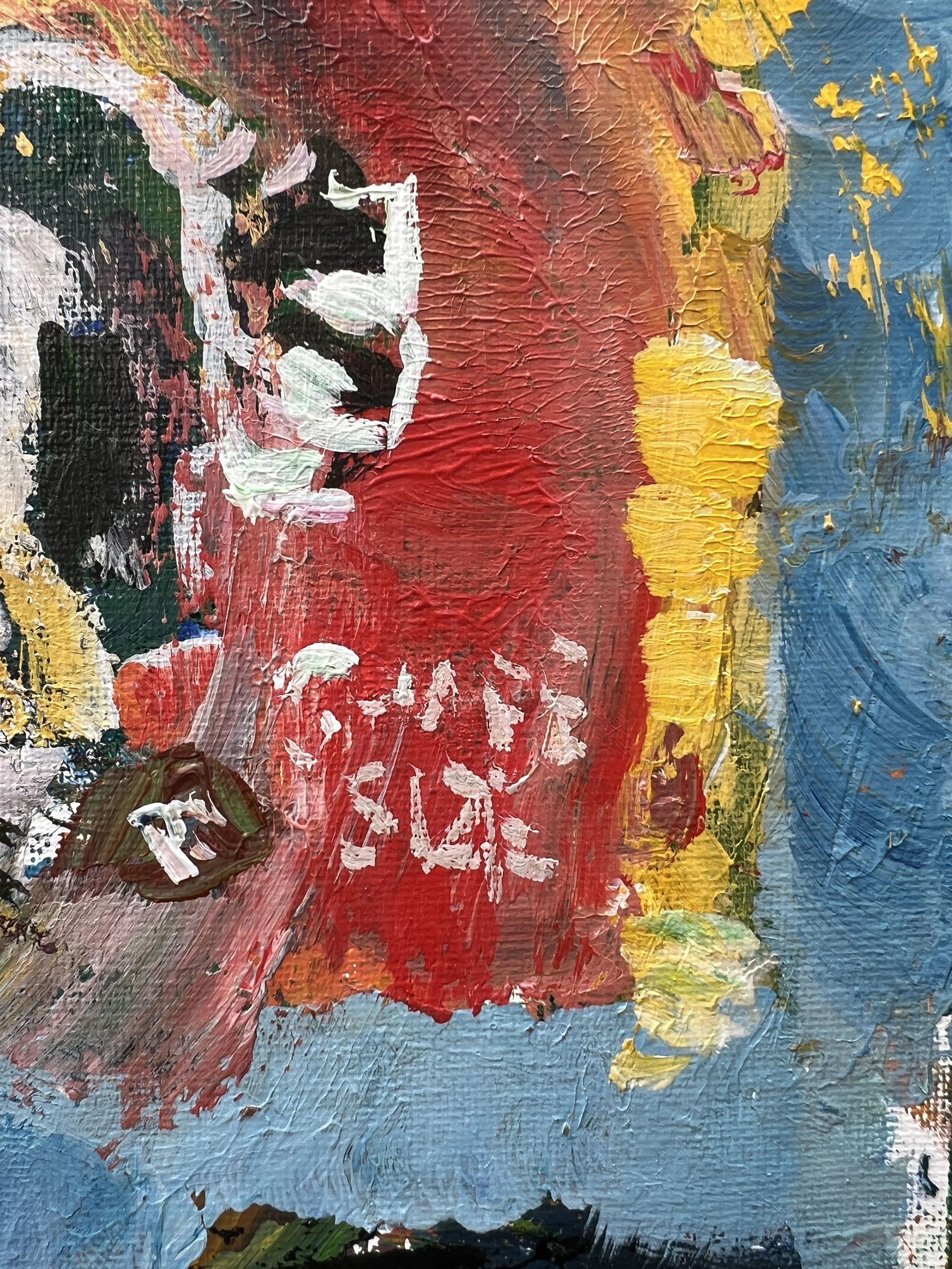 Bold expressive painting of peanut M&M's yellow candy bag with colorful M&Ms, acrylics on 12x9 canvas - close up 3