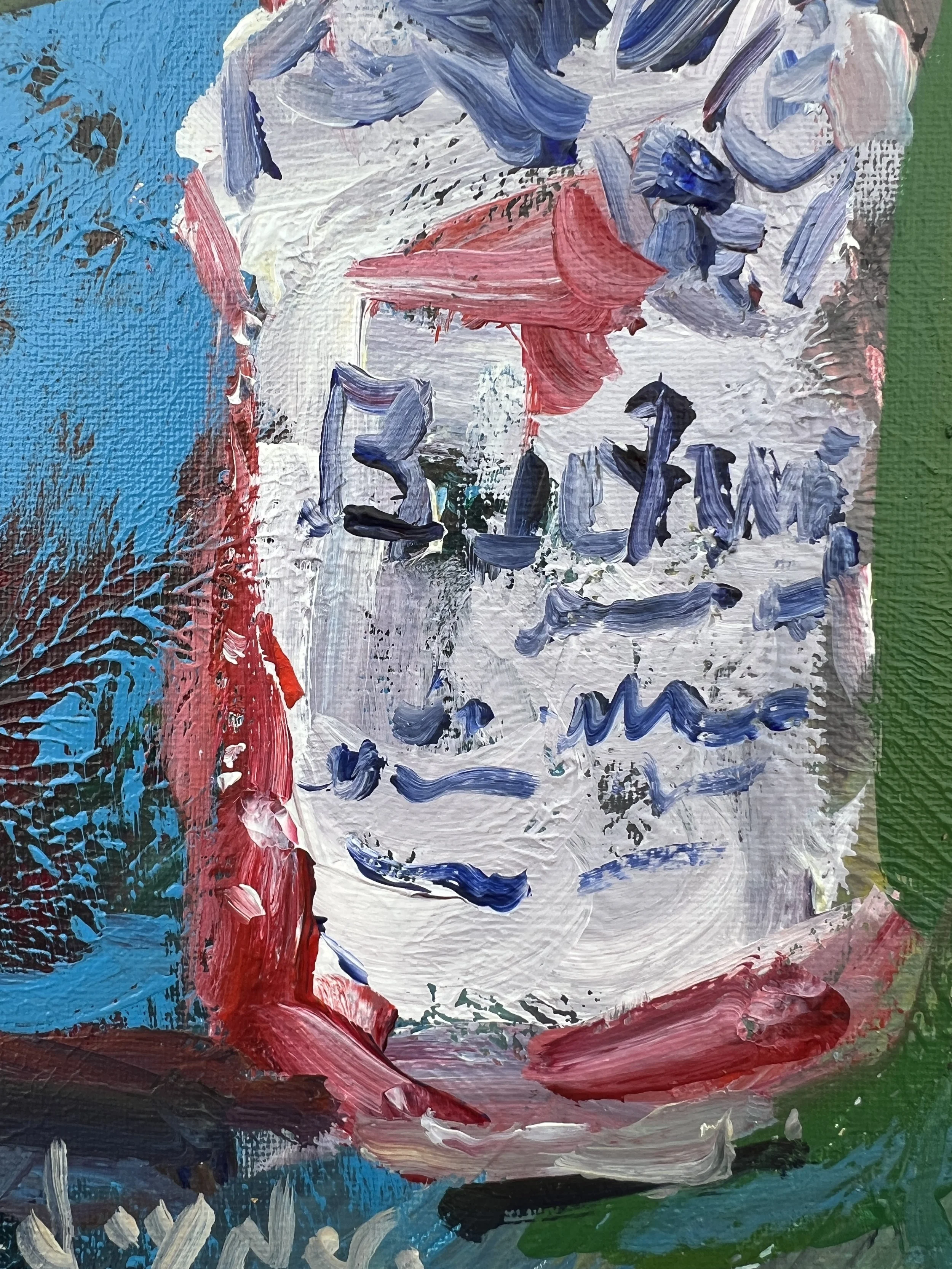 Brushwork detail of Loose expressive acrylic painting of a Budweiser beer can