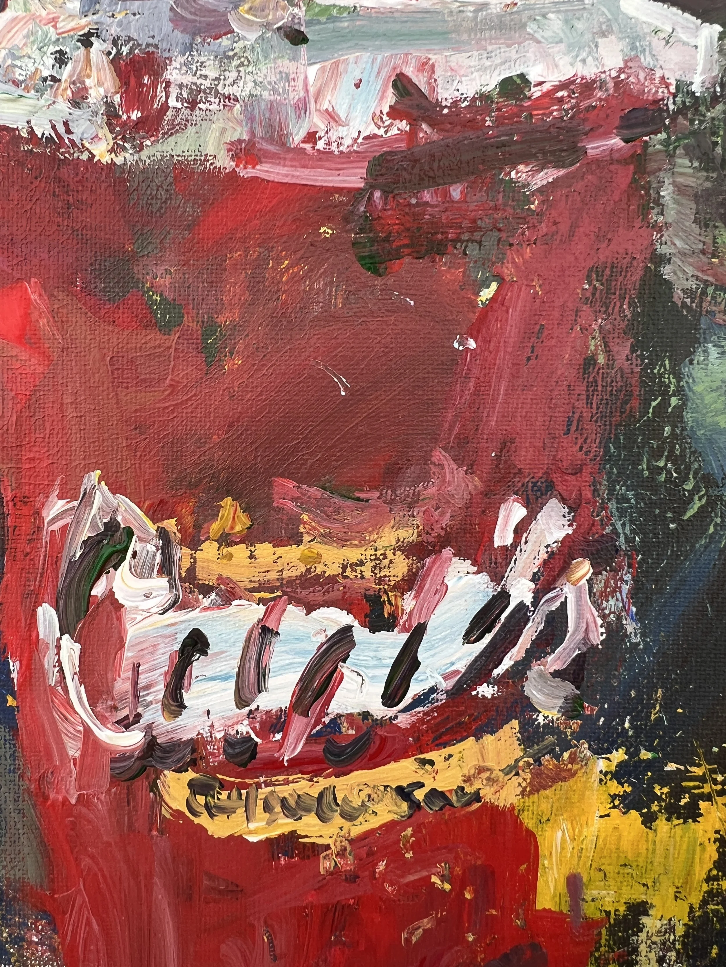 Bold expressive painting of Raising Cane's red and white cup with chicken finger logo, acrylics on 14x11 canvas - close up 2