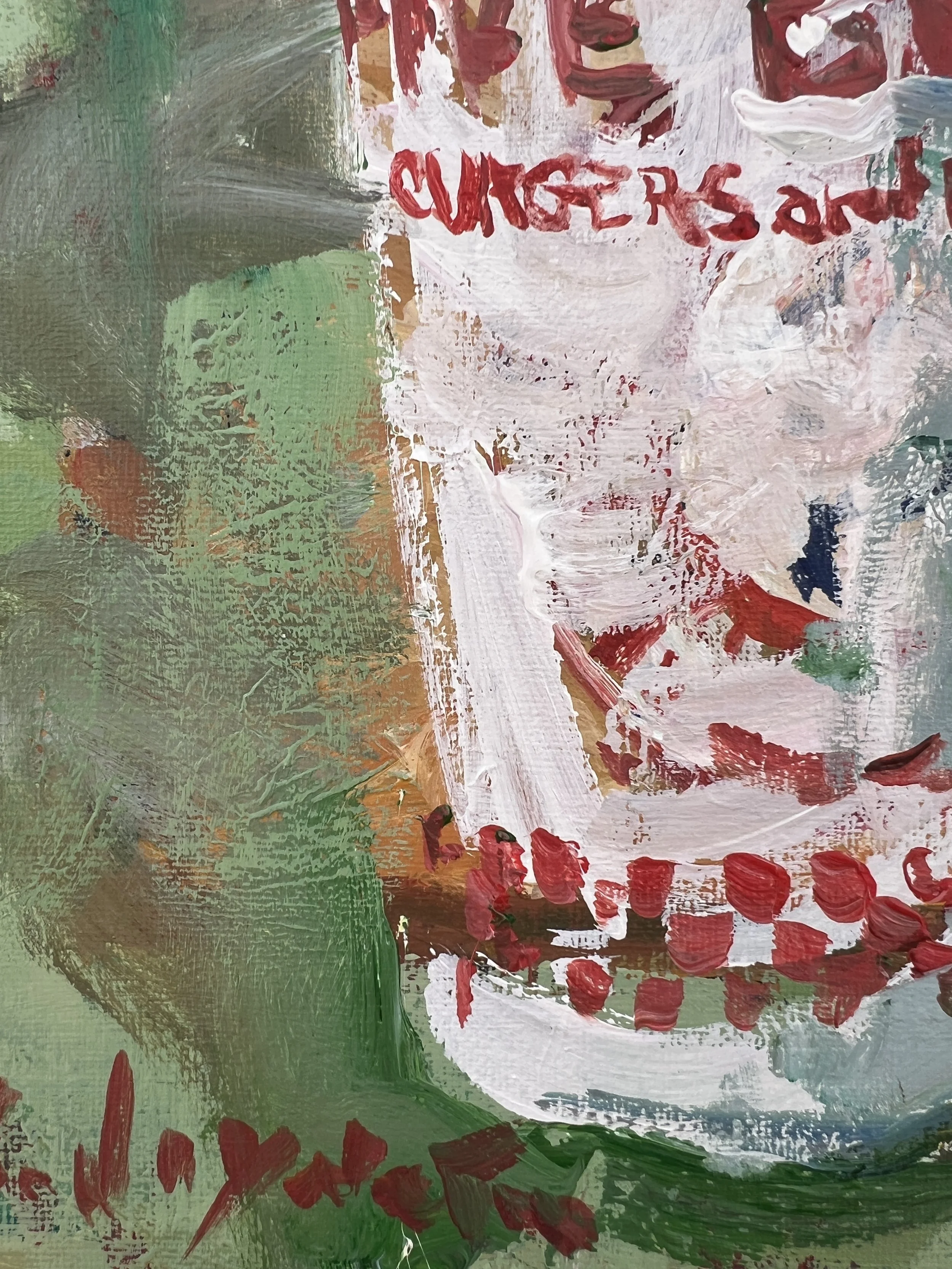 Loose expressive painting of Five Guys cup with red lettering and bold brushwork, acrylic on 12x9 canvas - close up 4
