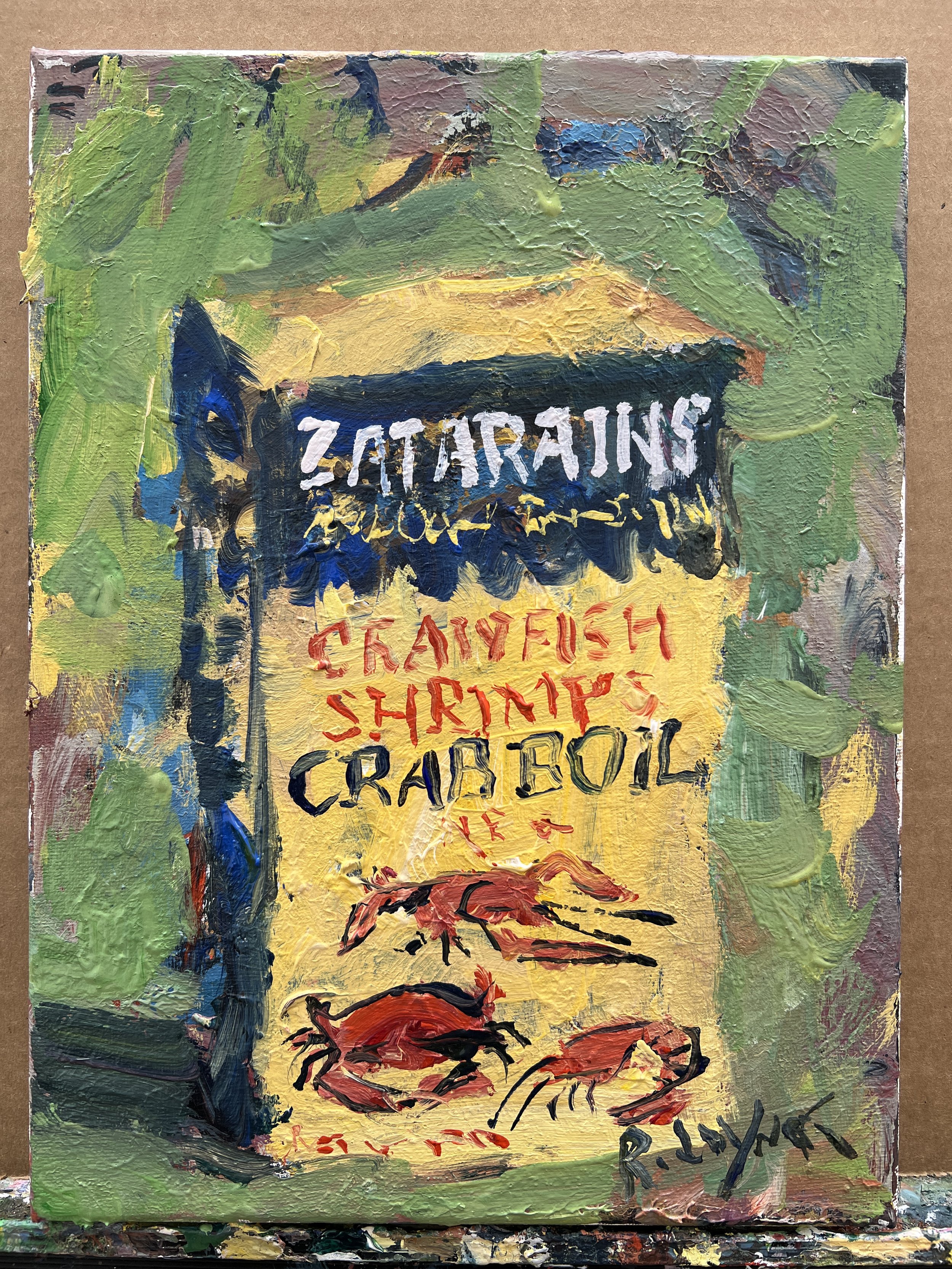 Loose expressive original painting of Zatarain's crawfish boil seasoning box in yellow and red on canvas - kitchen wall art shows all edges