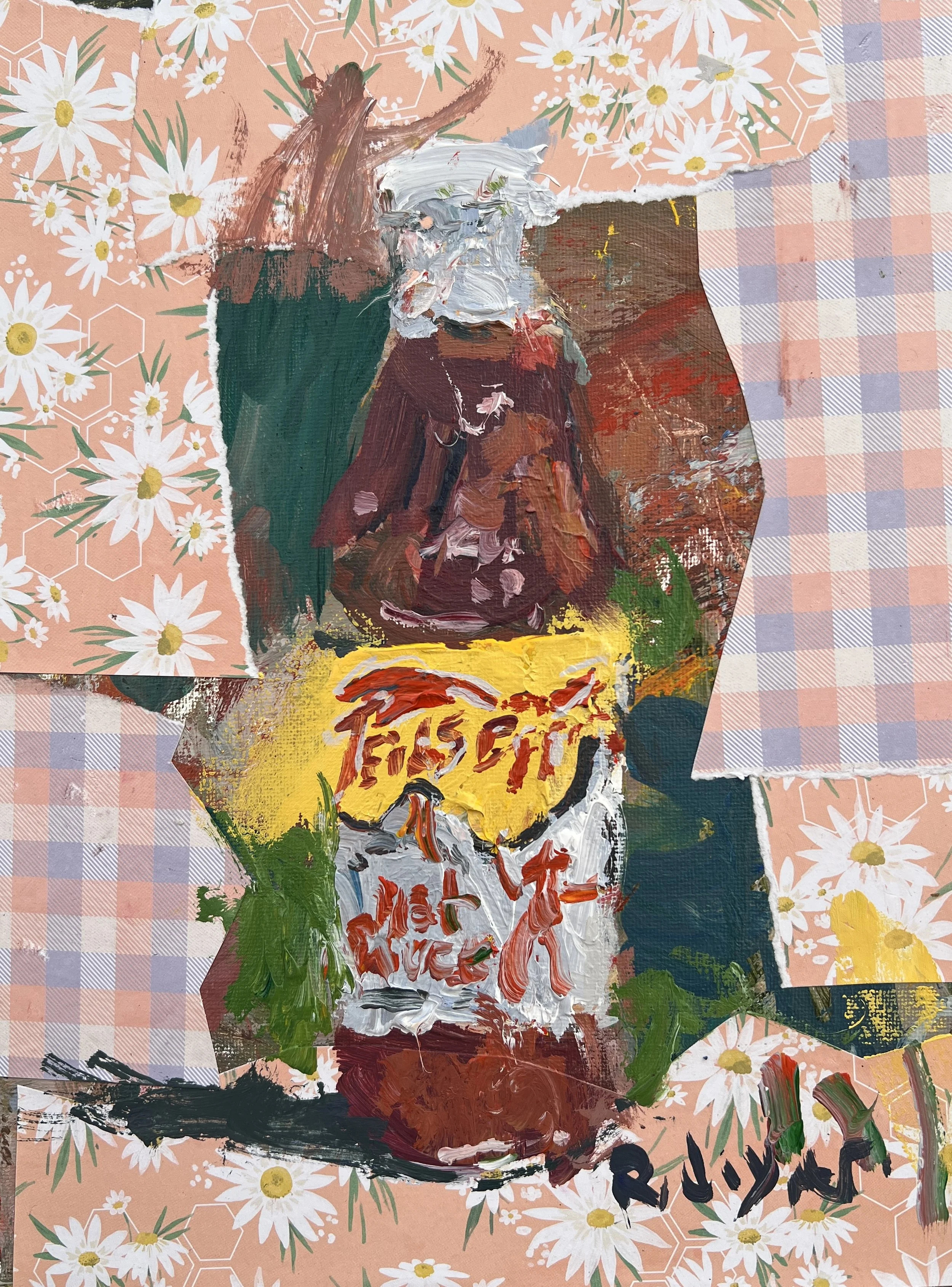 Loose expressive original painting of Texas Pete hot sauce bottle with hand-collaged daisy and plaid border on canvas - kitchen wall art
