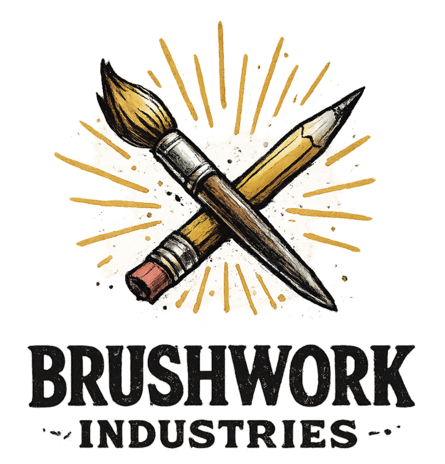 Logo for Brushwork Industries featuring a paintbrush and a pencil crossed over each other with a splattered background and the company name below.