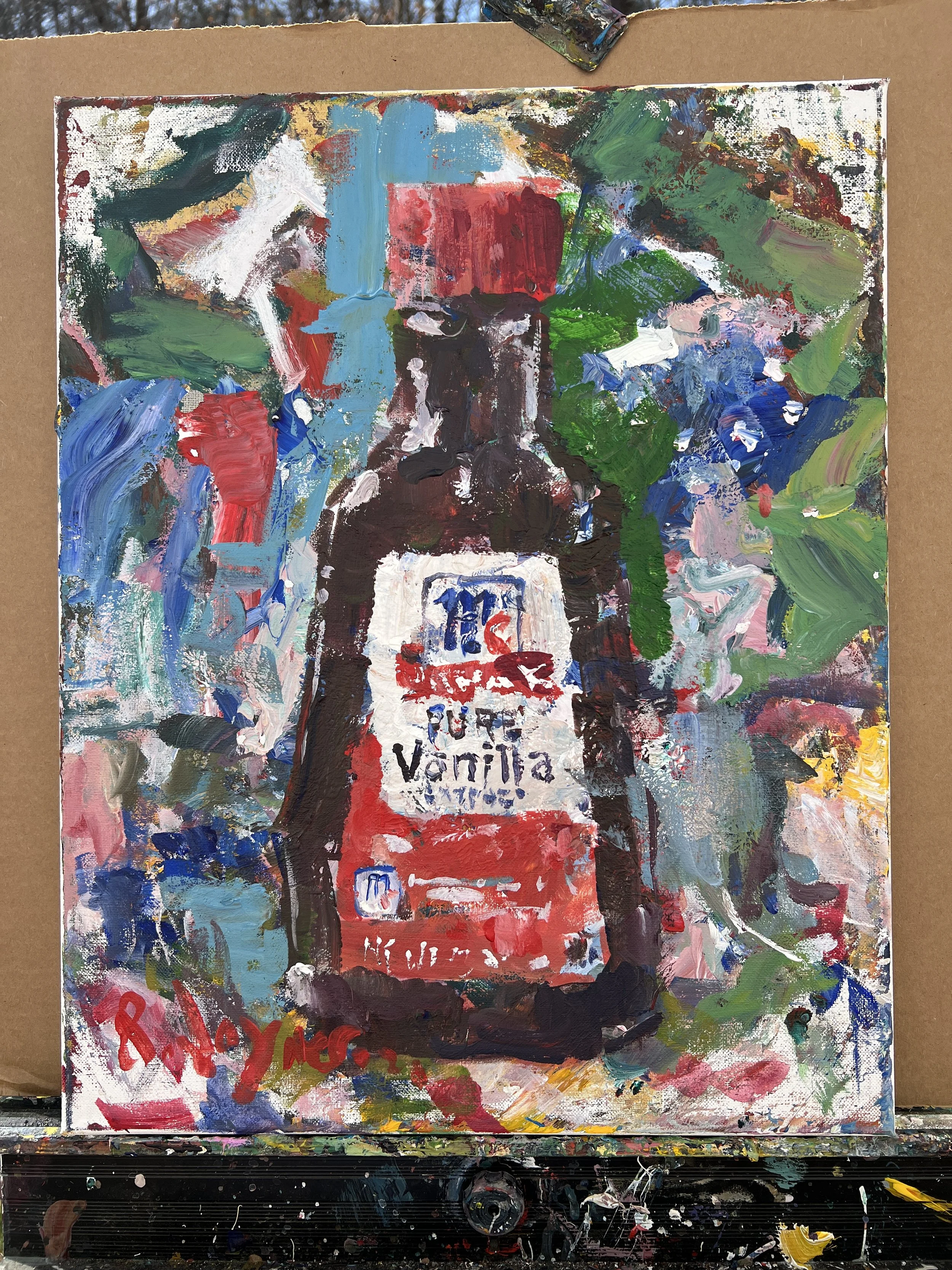 Bold expressive painting of McCormick Pure Vanilla Extract brown bottle with red cap, acrylics on 20x16 canvas - all edges
