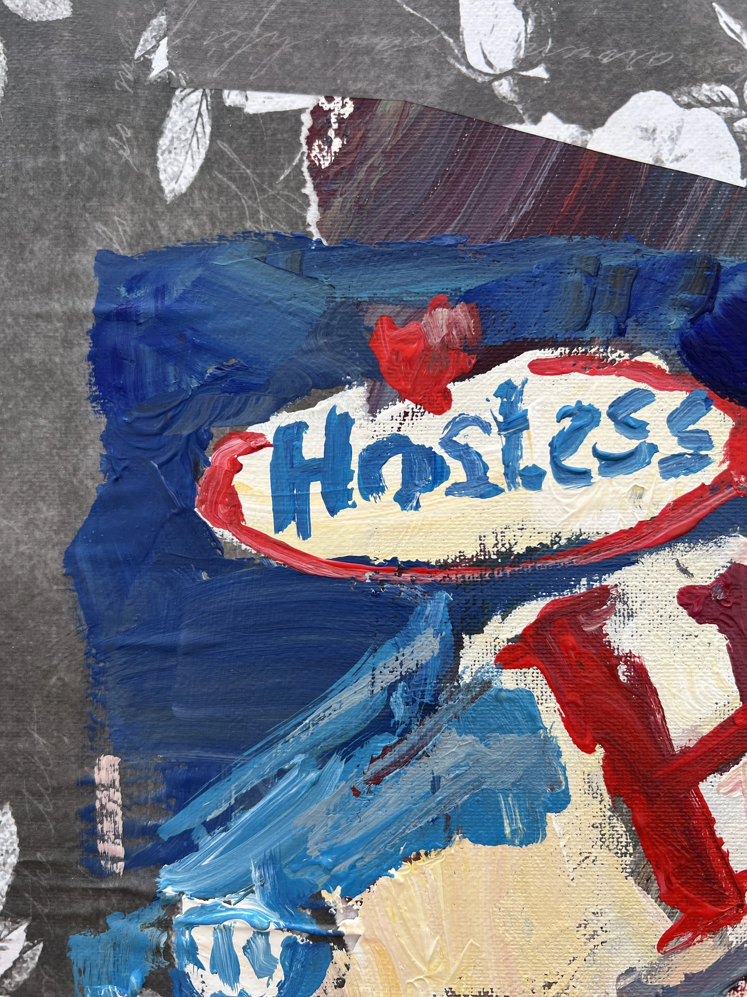 Bold expressive painting of Hostess Ho Hos box with chocolate roll cakes and collage elements, acrylics on 20x16 canvas - close up 1