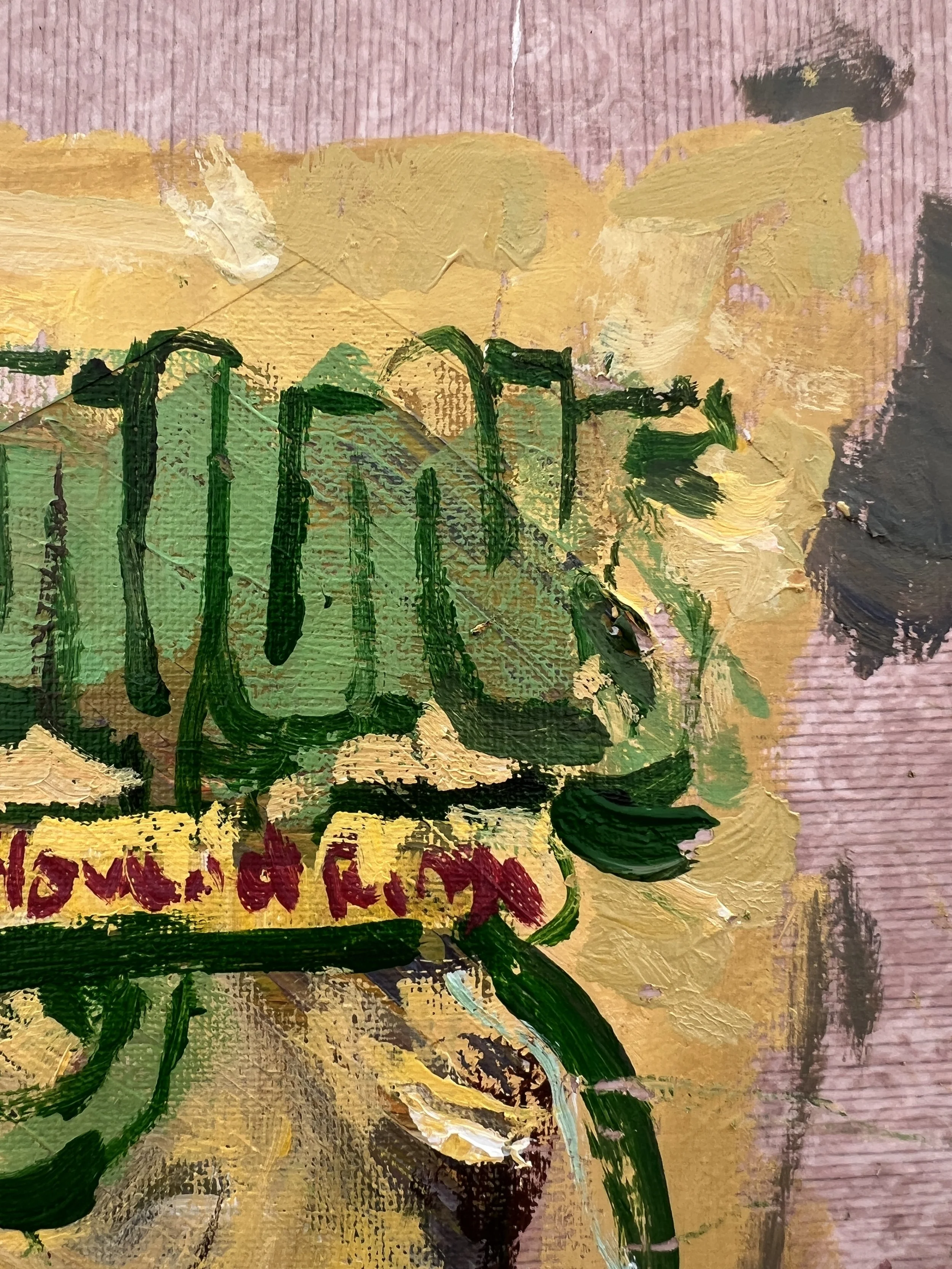 Bold expressive painting of Funyuns onion rings yellow bag with red logo and collage elements, acrylics on 11x14 canvas - close up 2