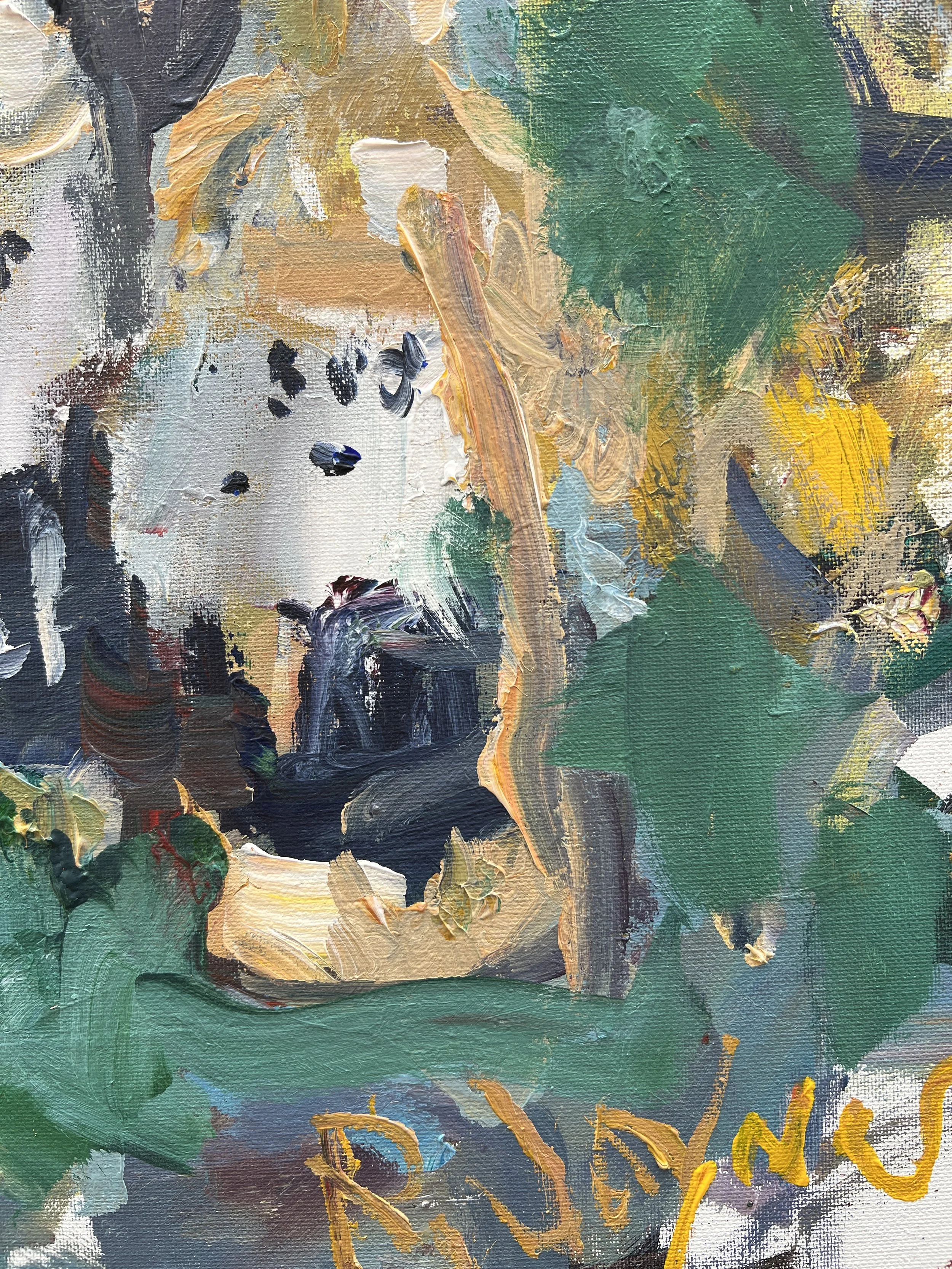 Bold expressive painting of three Corona beer bottles with lime wedges, acrylics on 20x16 canvas - close up 4