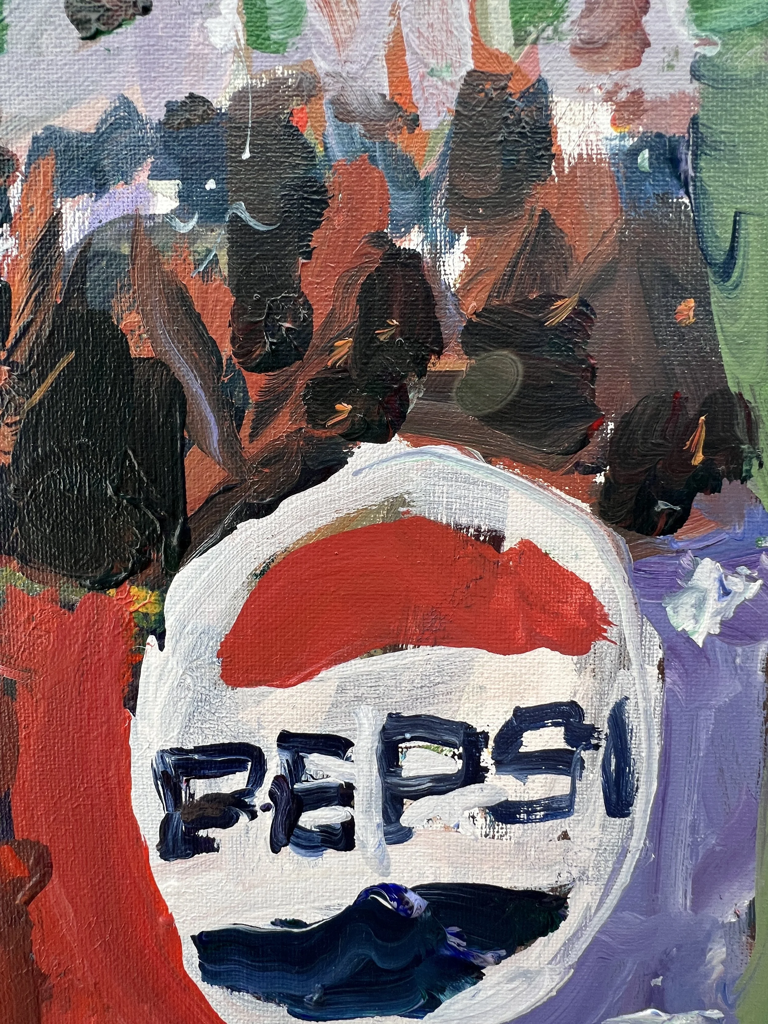 Brushwork detail of Loose expressive original painting of Pepsi Cola six-pack bottles