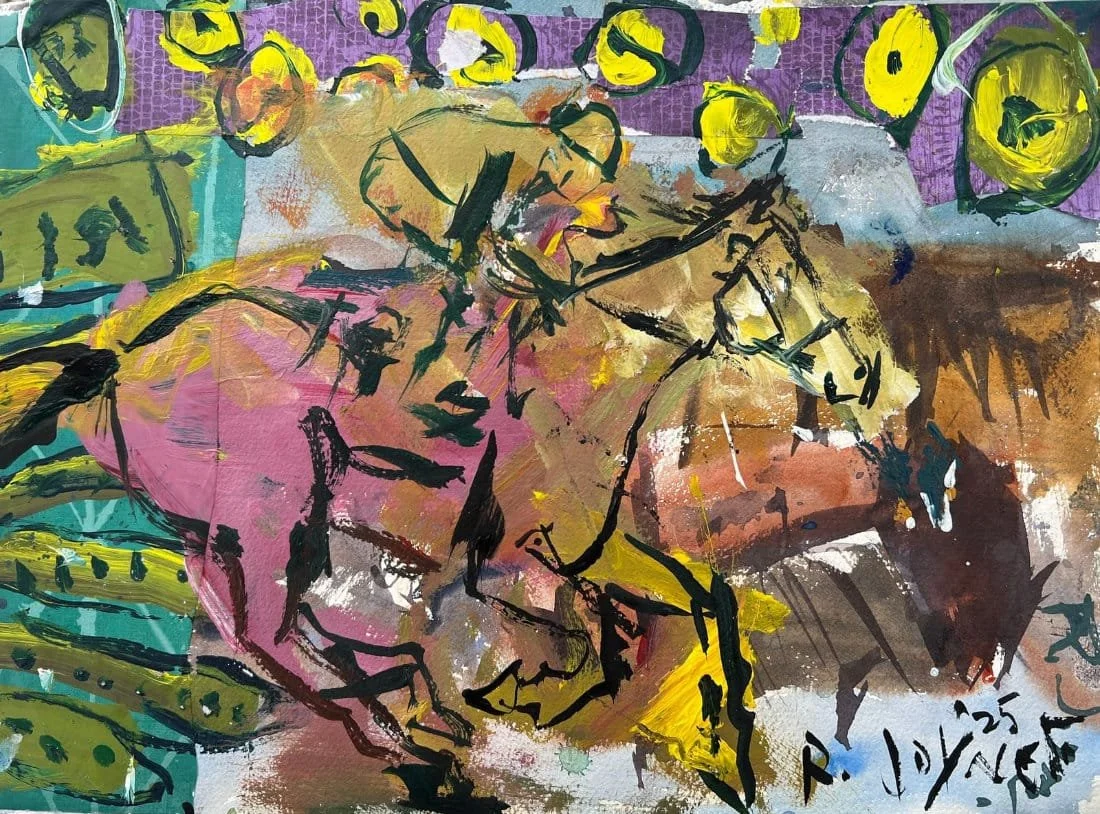 Colorful mixed media horse racing painting on canvas