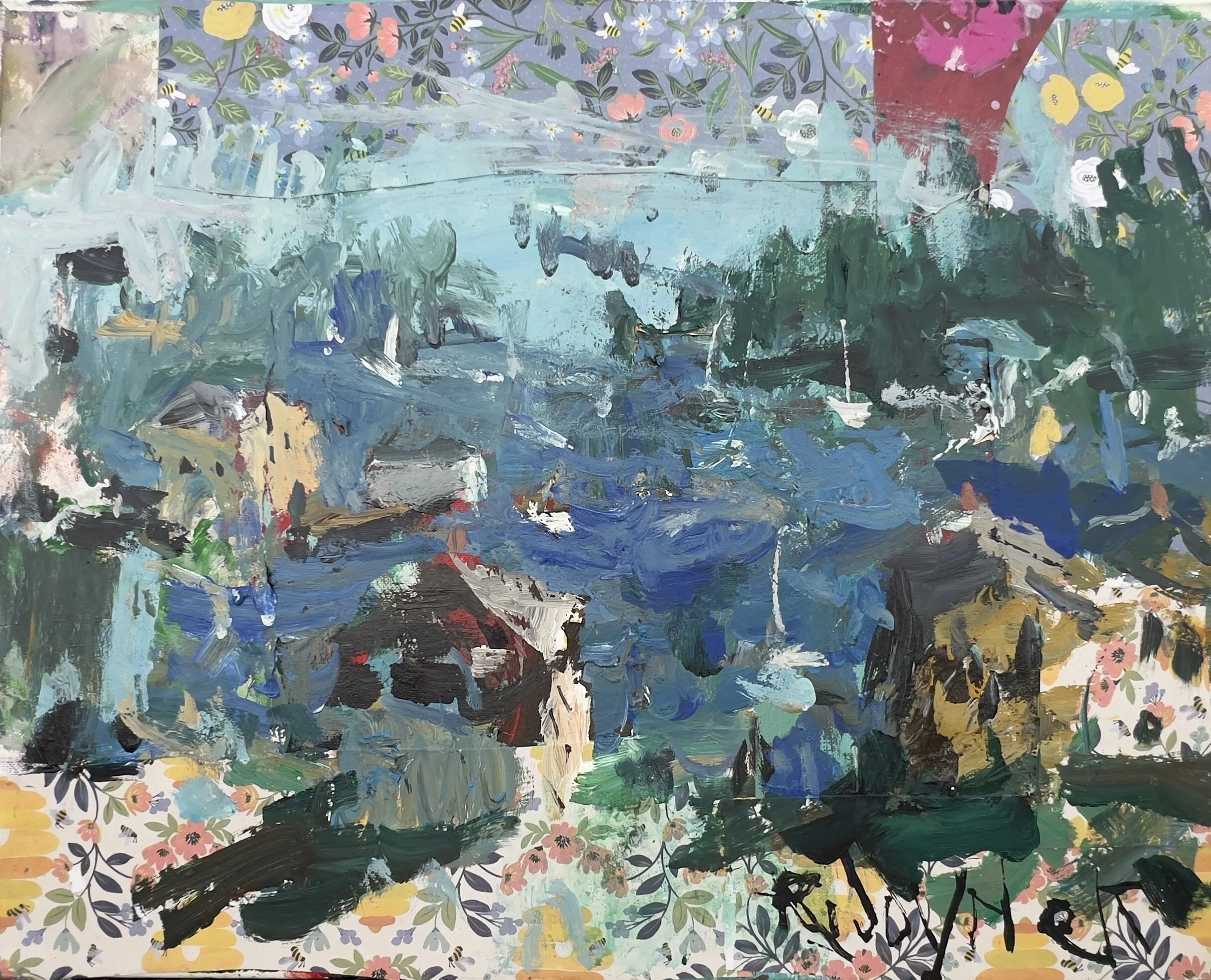 Expressive coastal harbor mixed media and collage painting with boats and buildings by Robert Joyner