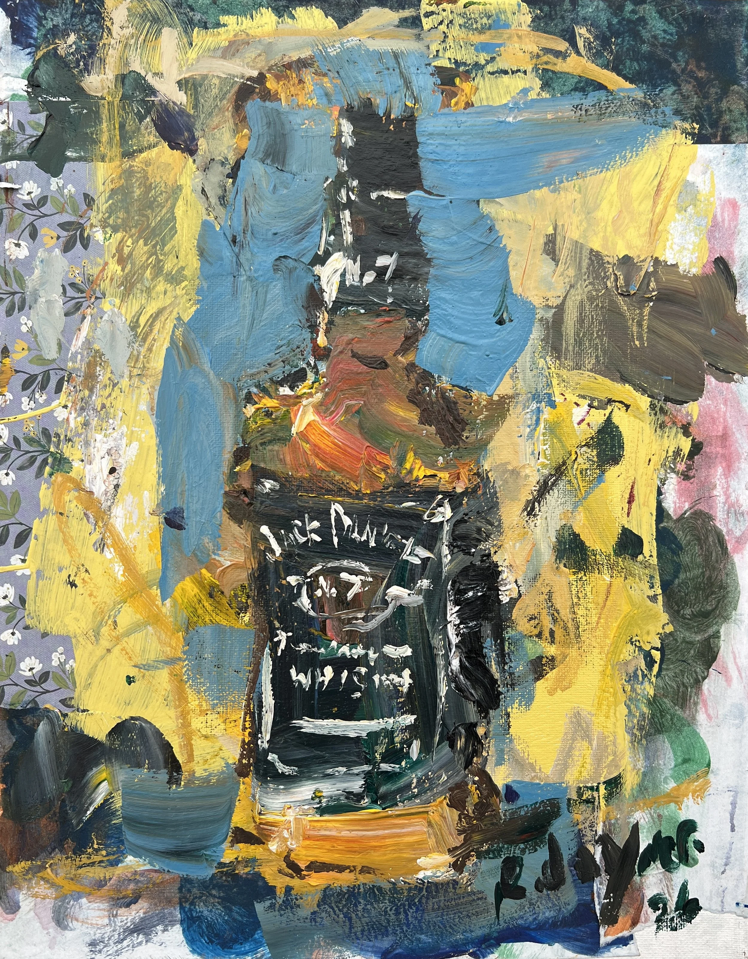 Bold expressive painting of Jack Daniel's whiskey bottle with black label and collage elements with textured brushstrokes, acrylics on 11x14 canvas - bar cart wall art decor