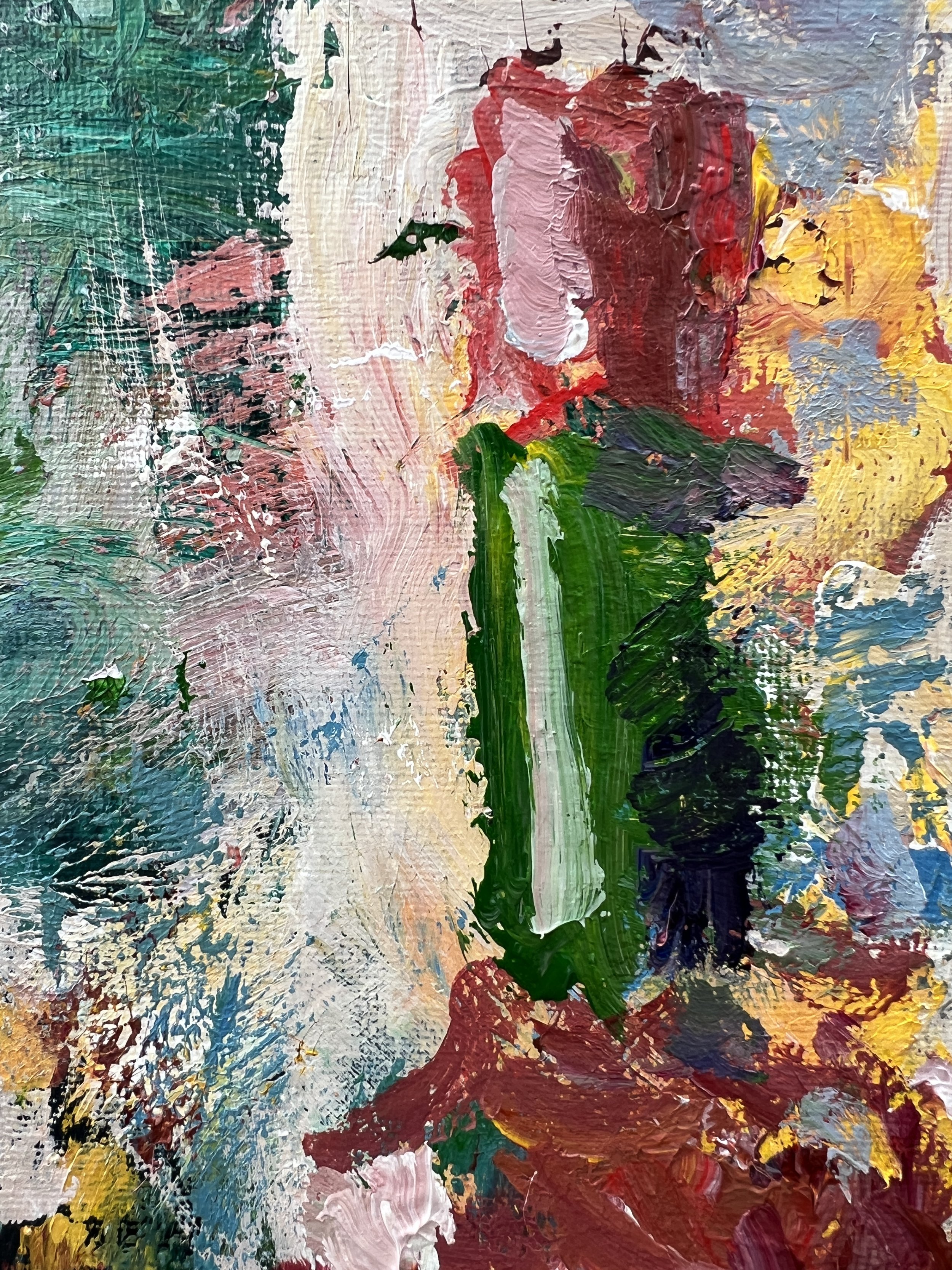 Bold expressive painting of Tabasco hot sauce bottle with red cap and diamond label, acrylics on 12x9 canvas - close up 1