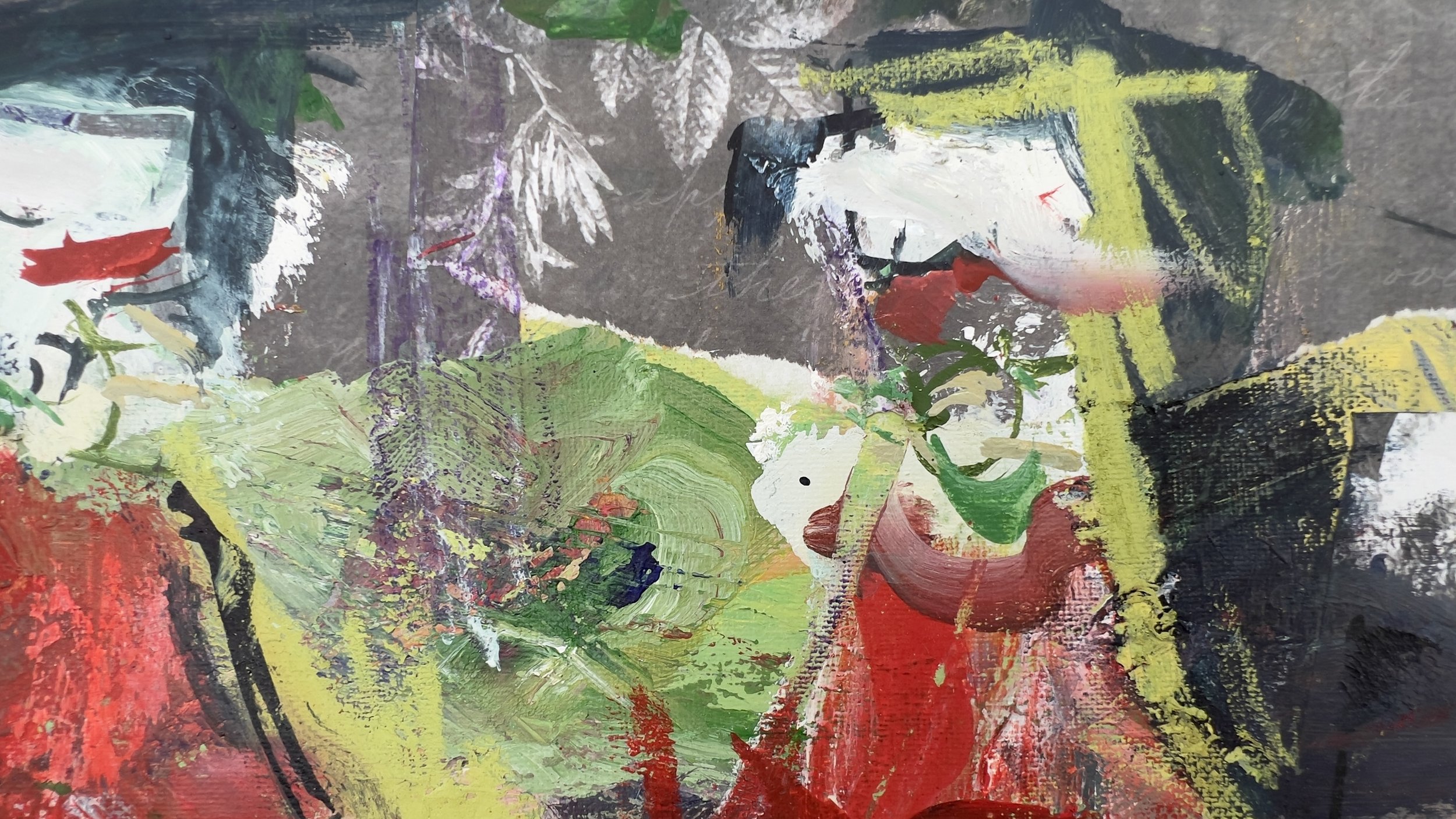 Three ketchup bottles in an expressive mixed media and collage painting by Robert Joyner