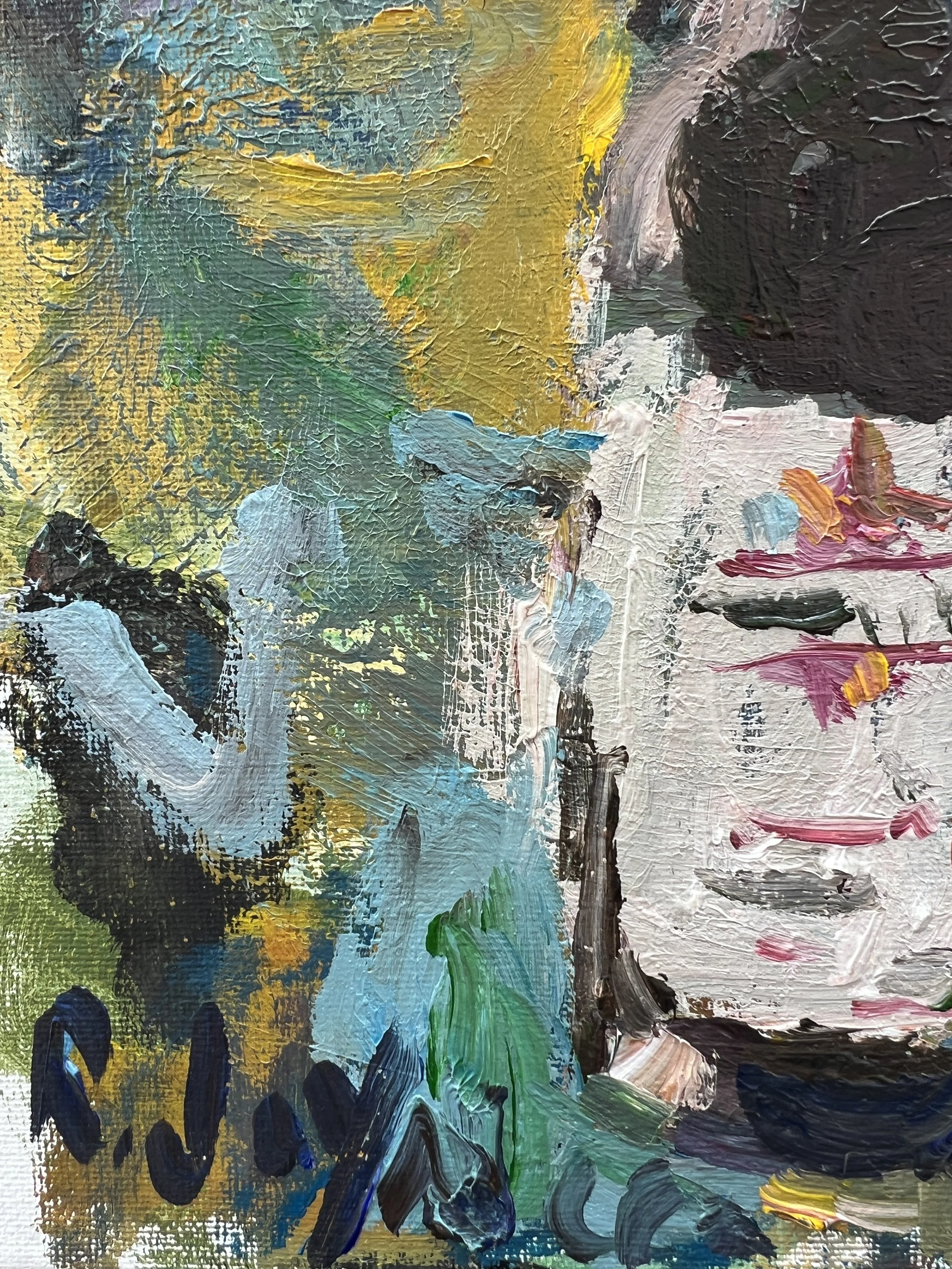 Bold expressive painting of Kendall Jackson Pinot Noir wine bottle with purple label, acrylics on 12x9 canvas - close up 3