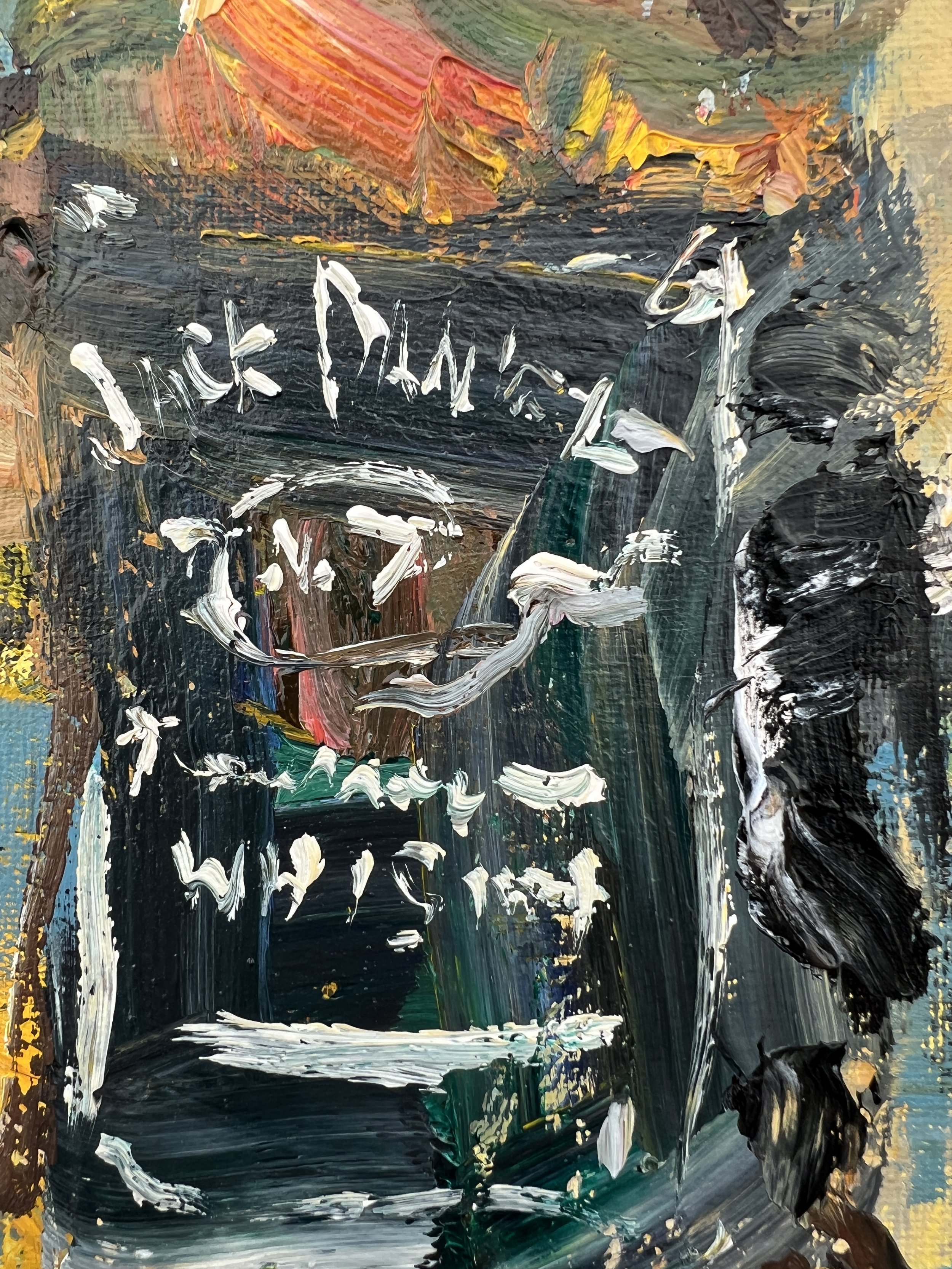 Brushwork detail of Bold expressive painting of Jack Daniel's whiskey bottle