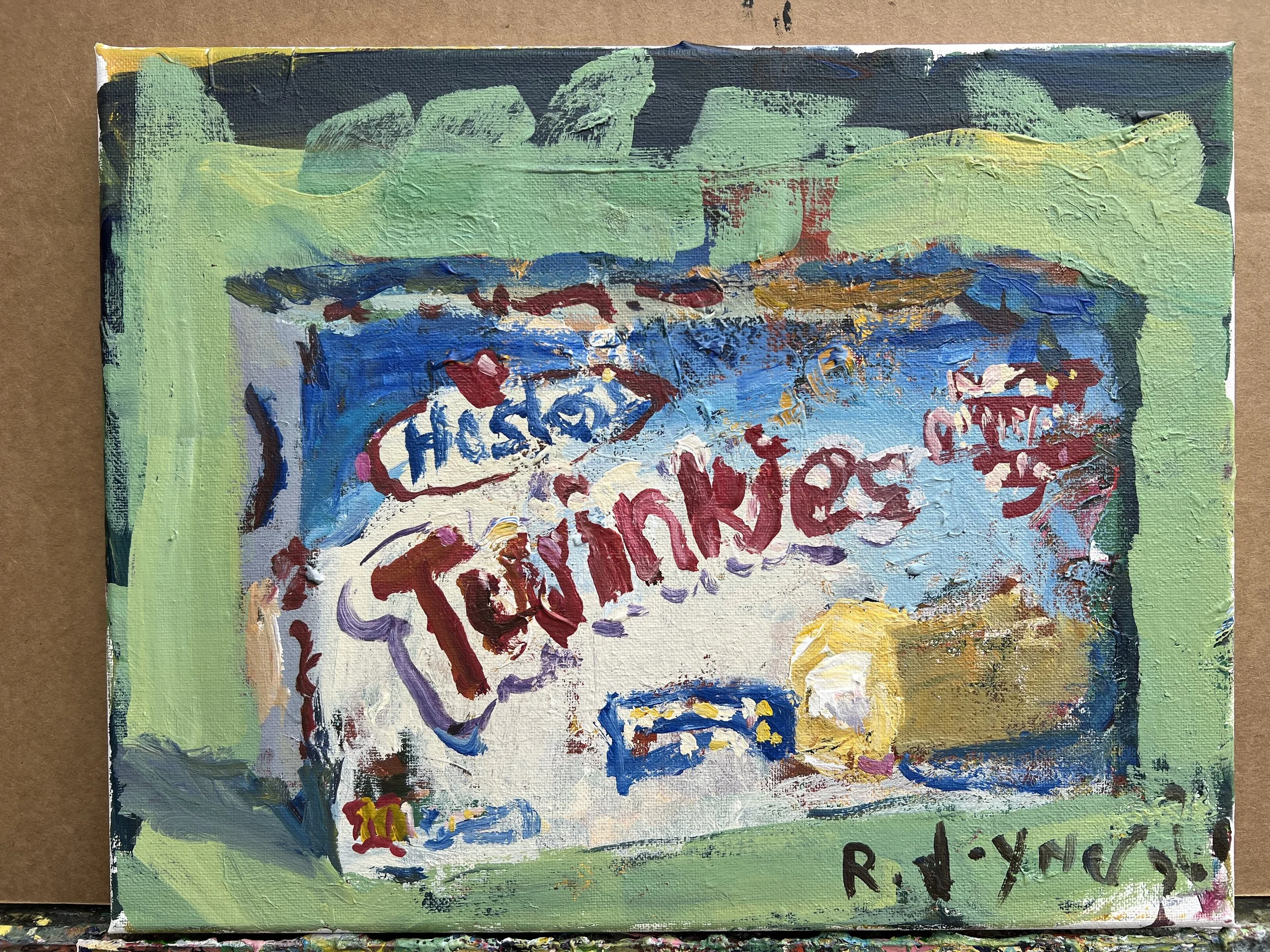 Bold, nostalgic still life featuring a box of Hostess Twinkies rendered in expressive, shows all edges