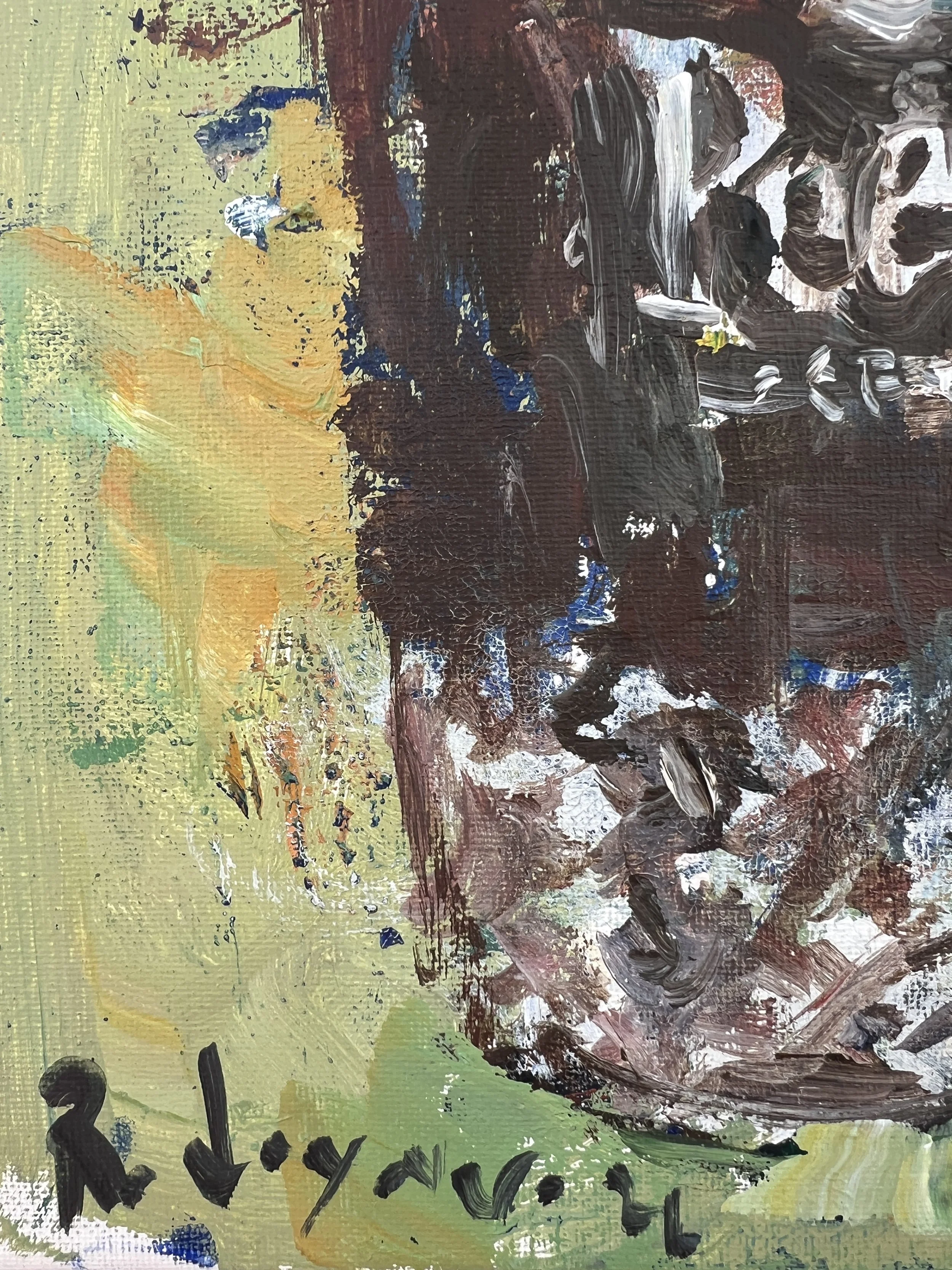 Bold expressive painting of Peet's Coffee brown cup with logo, acrylics on 12x9 canvas - close up 3