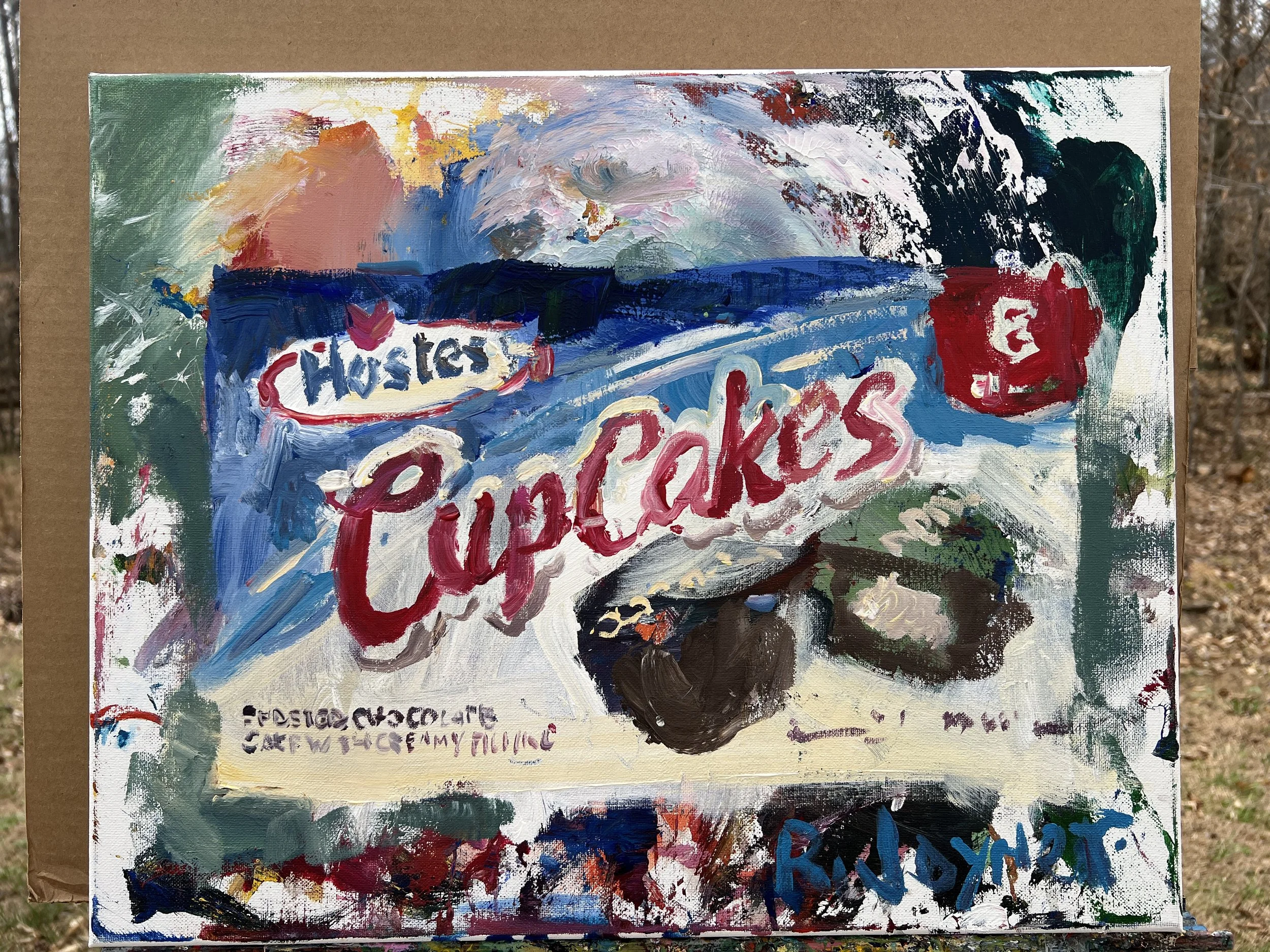Bold expressive painting of Hostess Cupcakes orange box with chocolate cupcakes and white squiggle, acrylics on 20x16 canvas - all edges