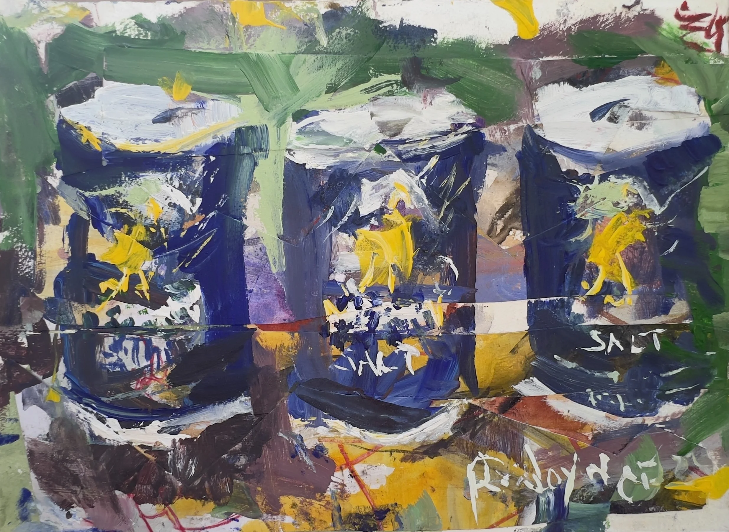 Abstract mixed media painting titled Morton's Salt Containers, deep blue and yellow tones with collage elements, by Robert Joyner