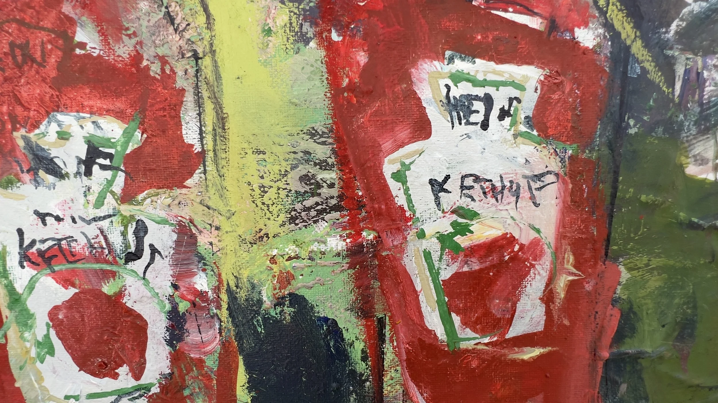 Three ketchup bottles in an expressive mixed media and collage painting by Robert Joyner