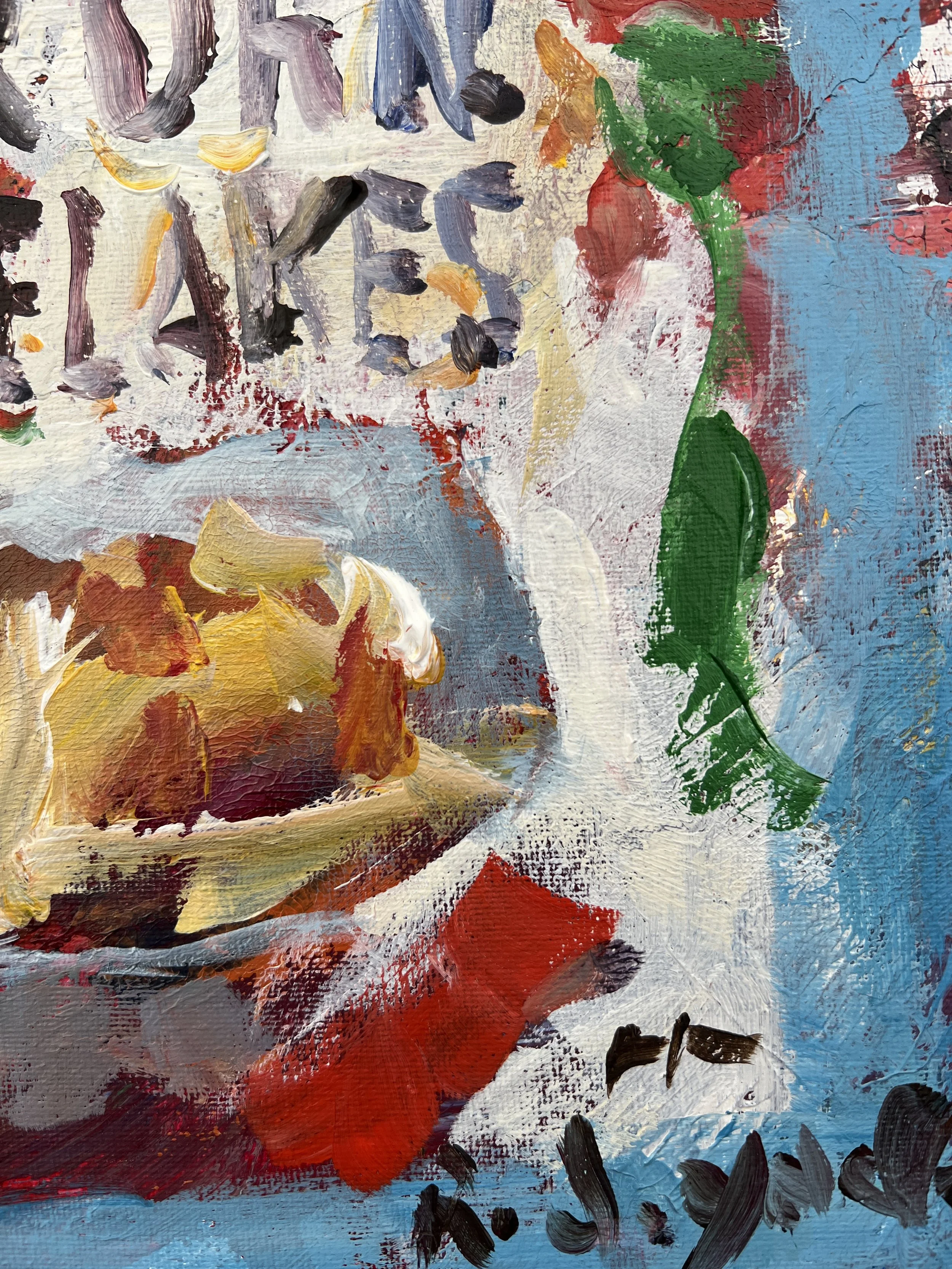 Texture detail of Bold expressive painting of Corn Flakes cereal box