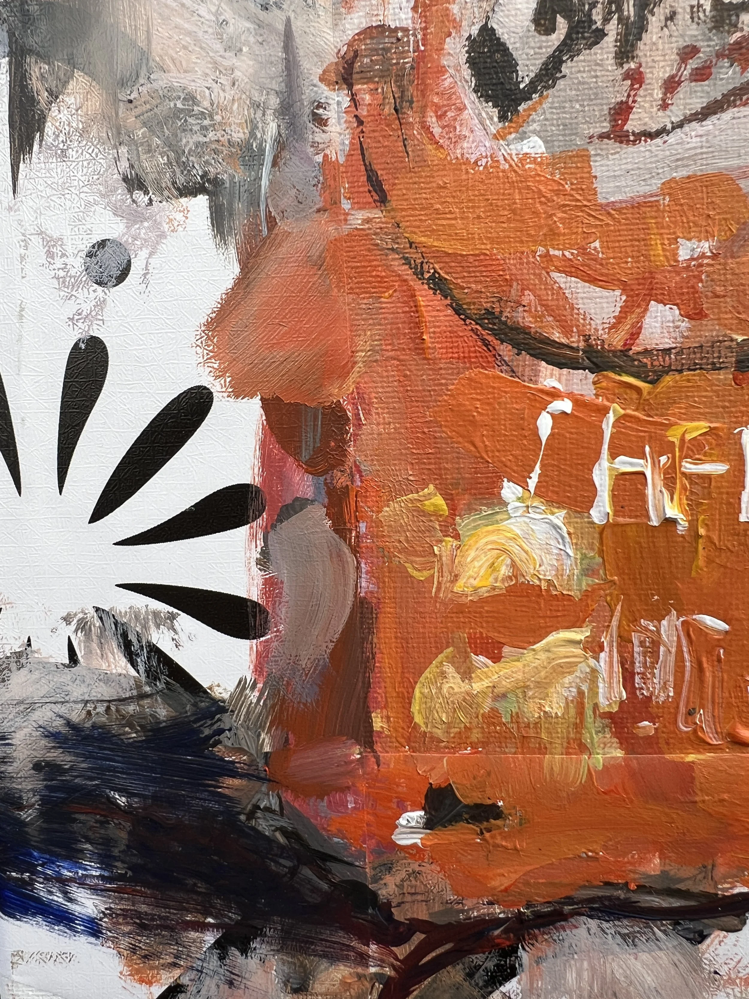 Brushwork detail of Bold expressive painting of Goldfish crackers orange bag with smiling goldfish logo