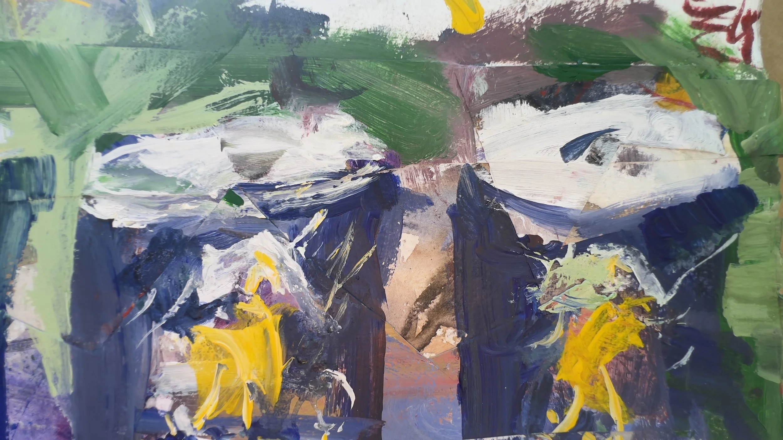 Abstract mixed media painting titled Morton's Salt Containers, deep blue and yellow tones with collage elements, by Robert Joyner close up 4