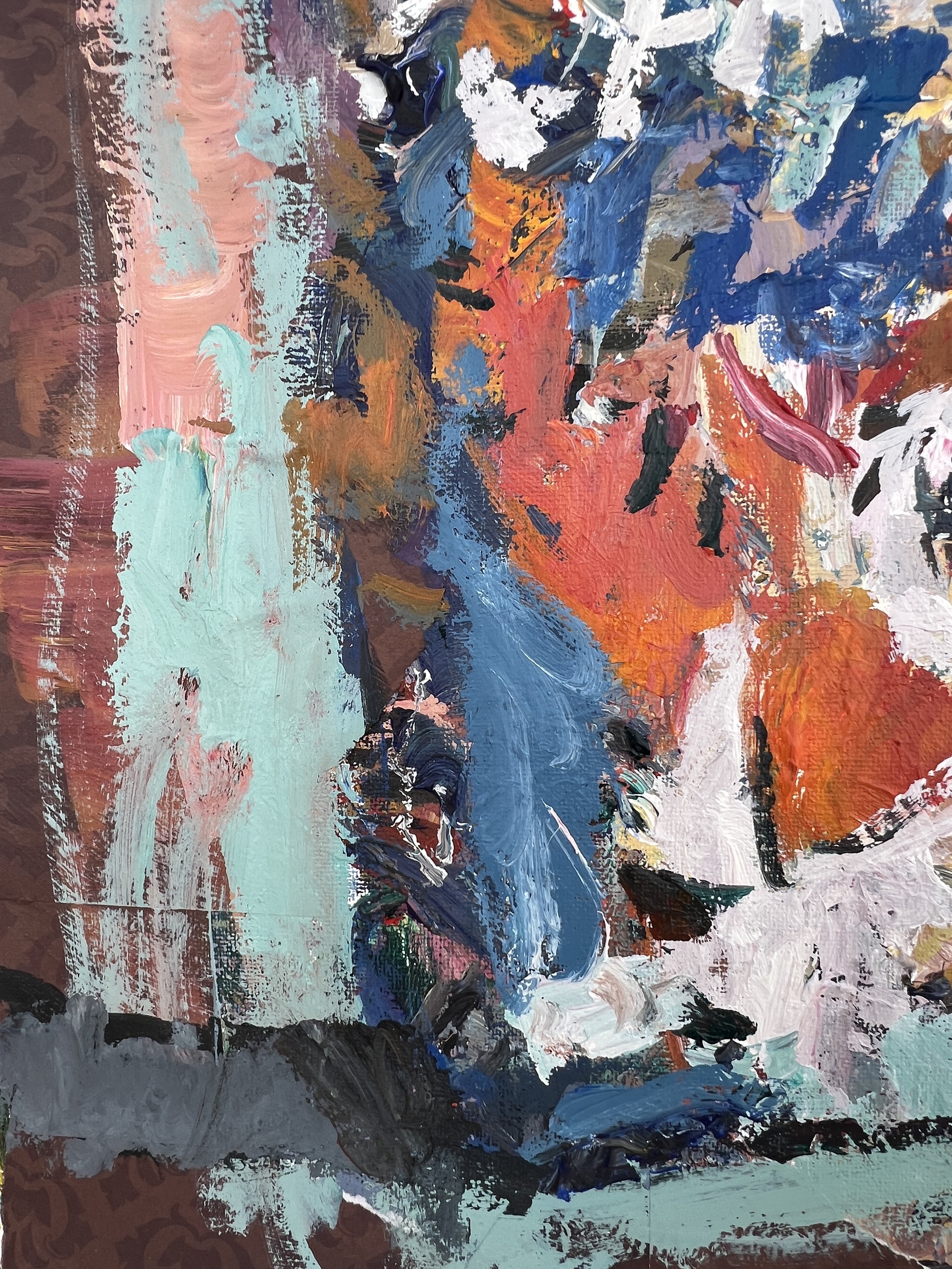 Bold expressive painting of Frosted Flakes blue cereal box with Tony the Tiger and collage elements, acrylics on 20x16 canvas - close up 4