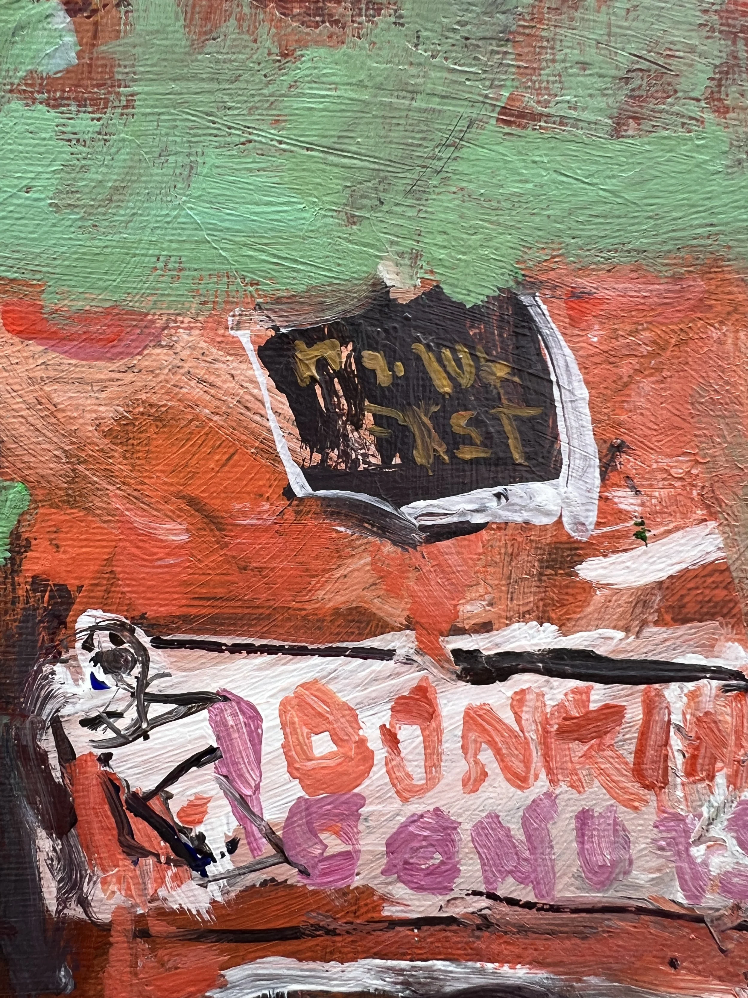 Detail view of Loose expressive original painting of Dunkin' Donuts coffee bag