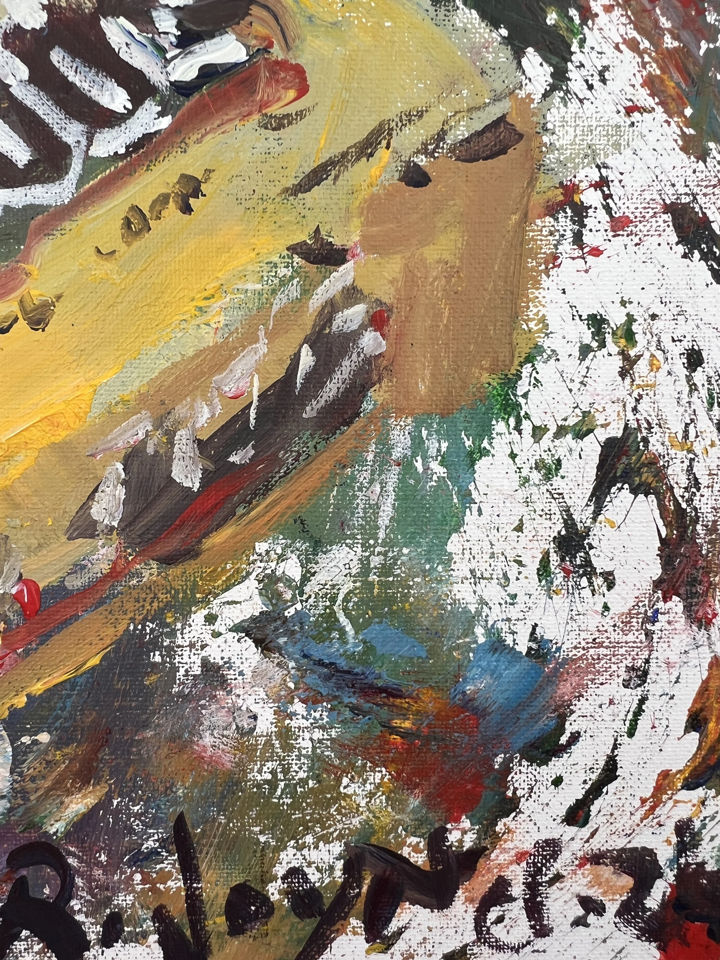 Bold expressive painting of Milk Duds yellow candy box with red and brown lettering, acrylics on 11x14 canvas - close up 3