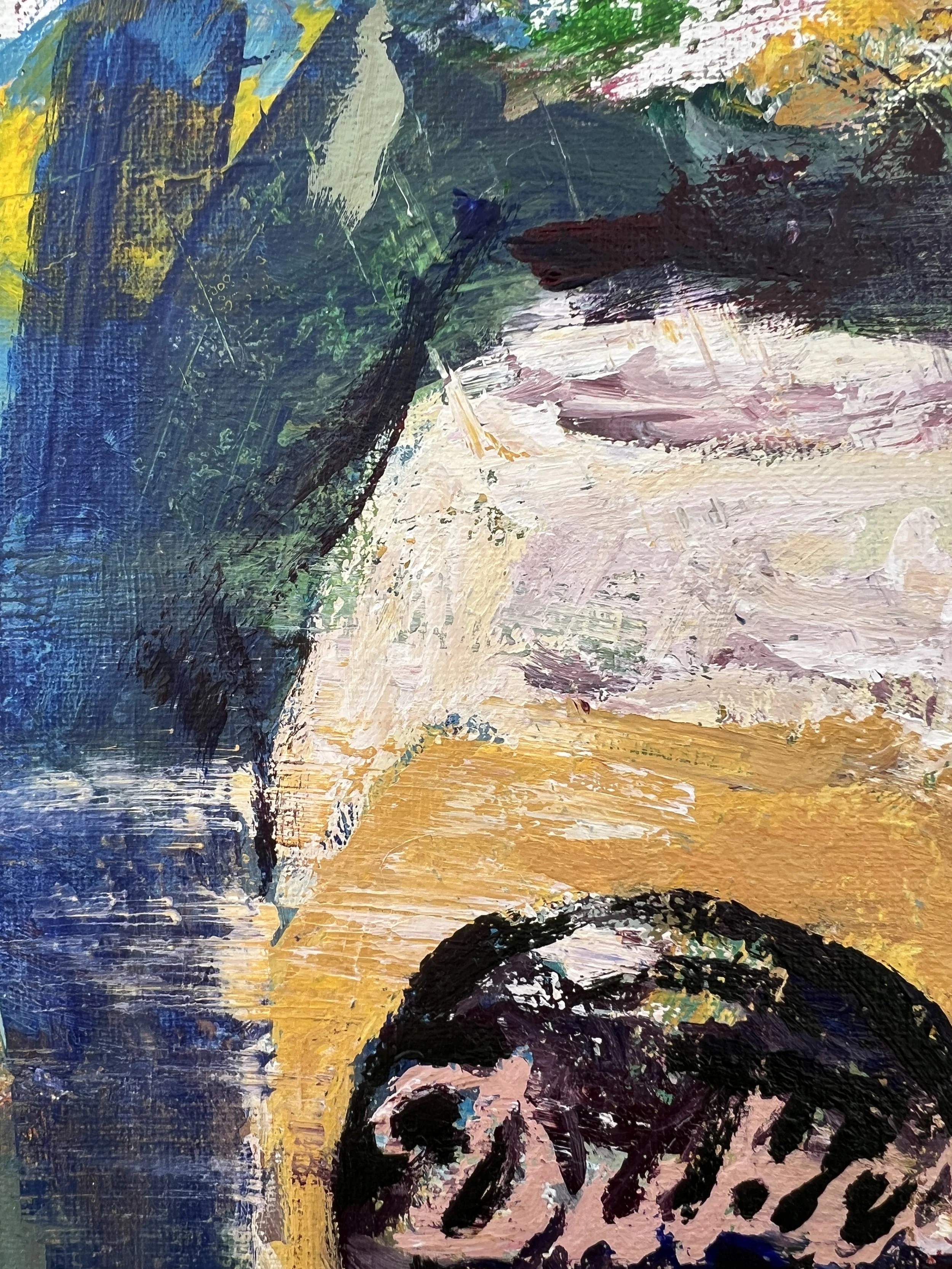 Expressive acrylic painting of a mayonnaise jar with abstract brushwork and textured background - close up 1