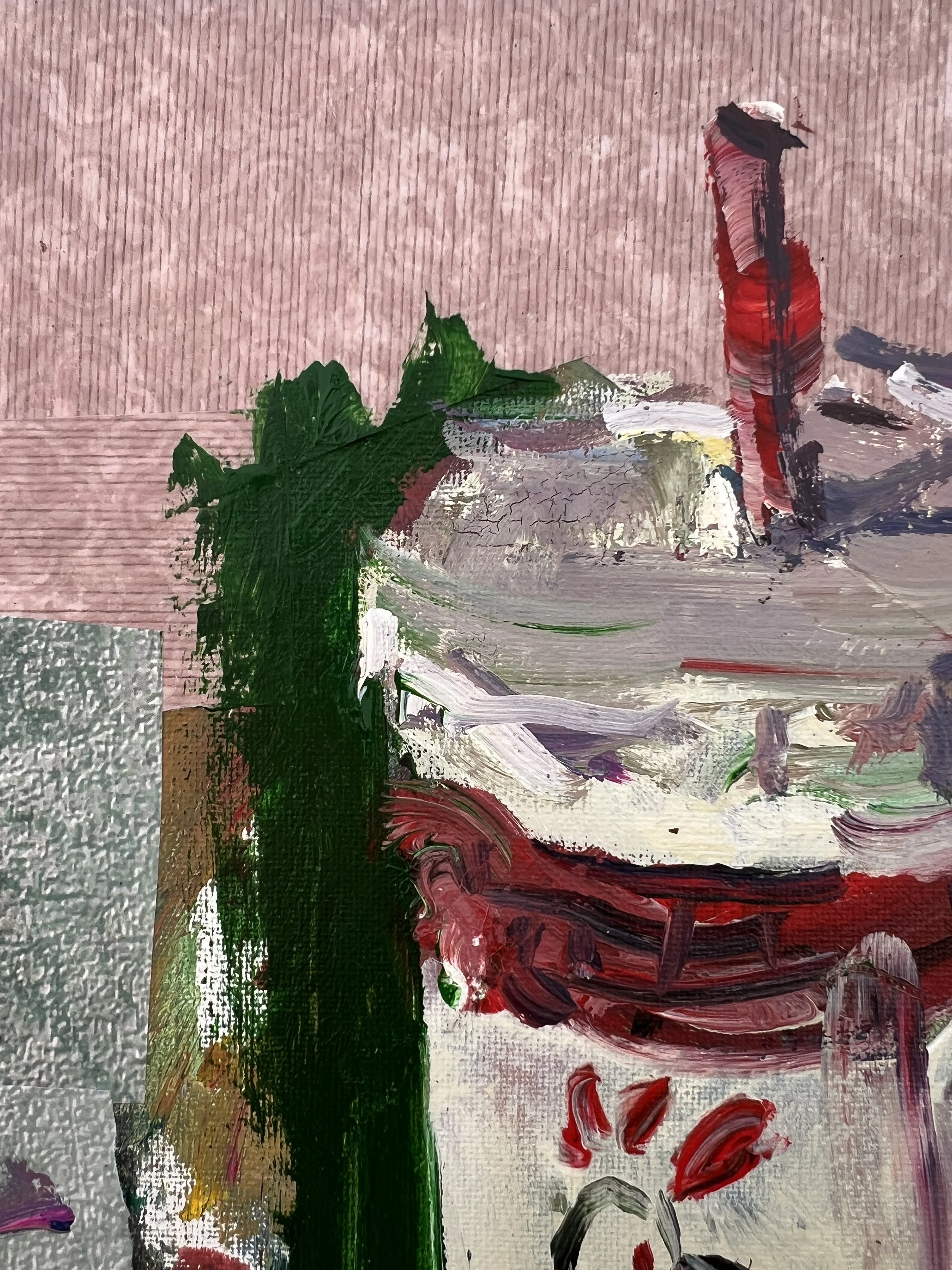 Bold expressive painting of Chick-fil-A cup with red logo and collage elements, acrylics on 14x11 canvas - close up 1