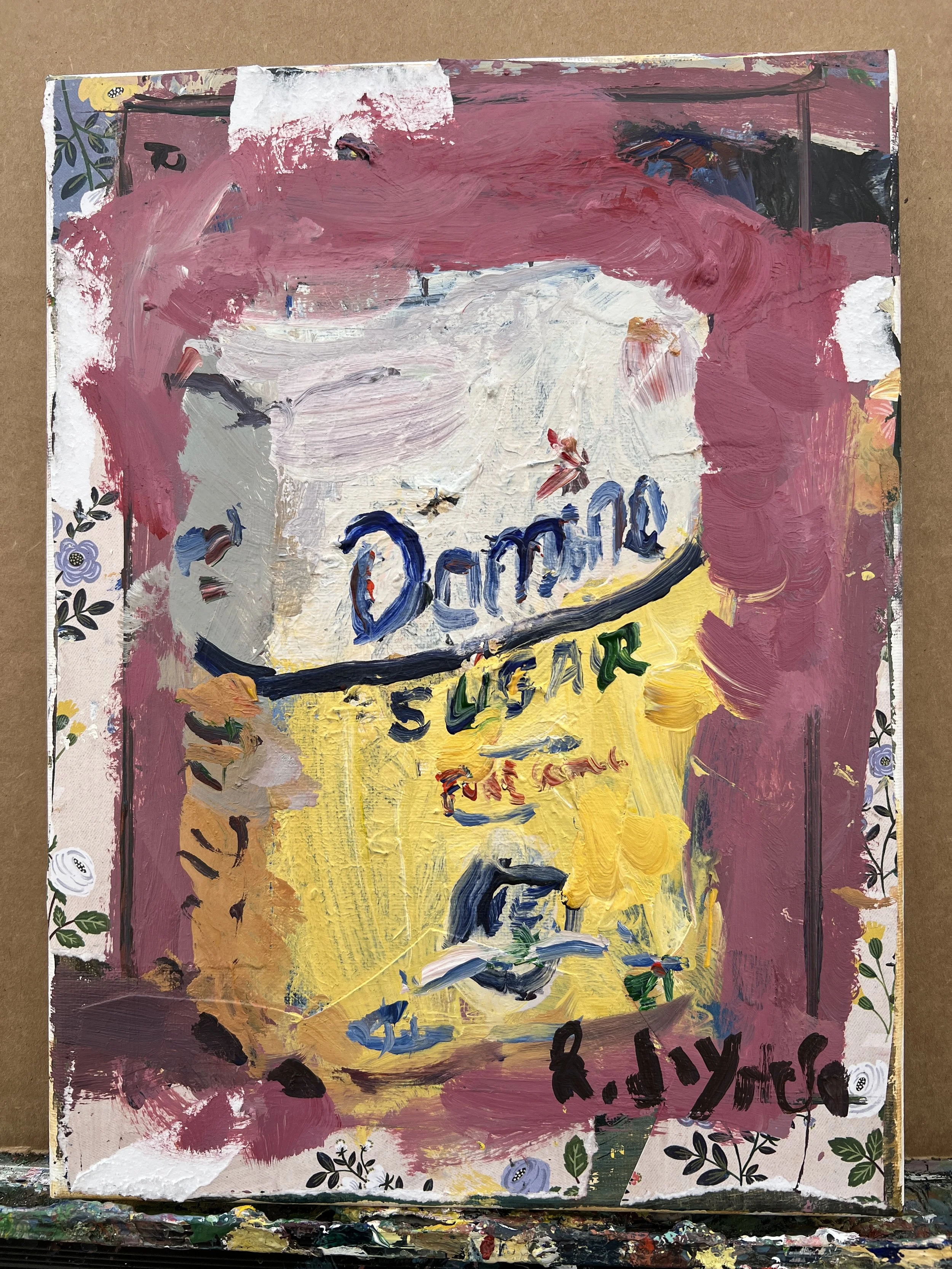 Textured expressive painting of Domino sugar yellow bag with blue script lettering shows all edges