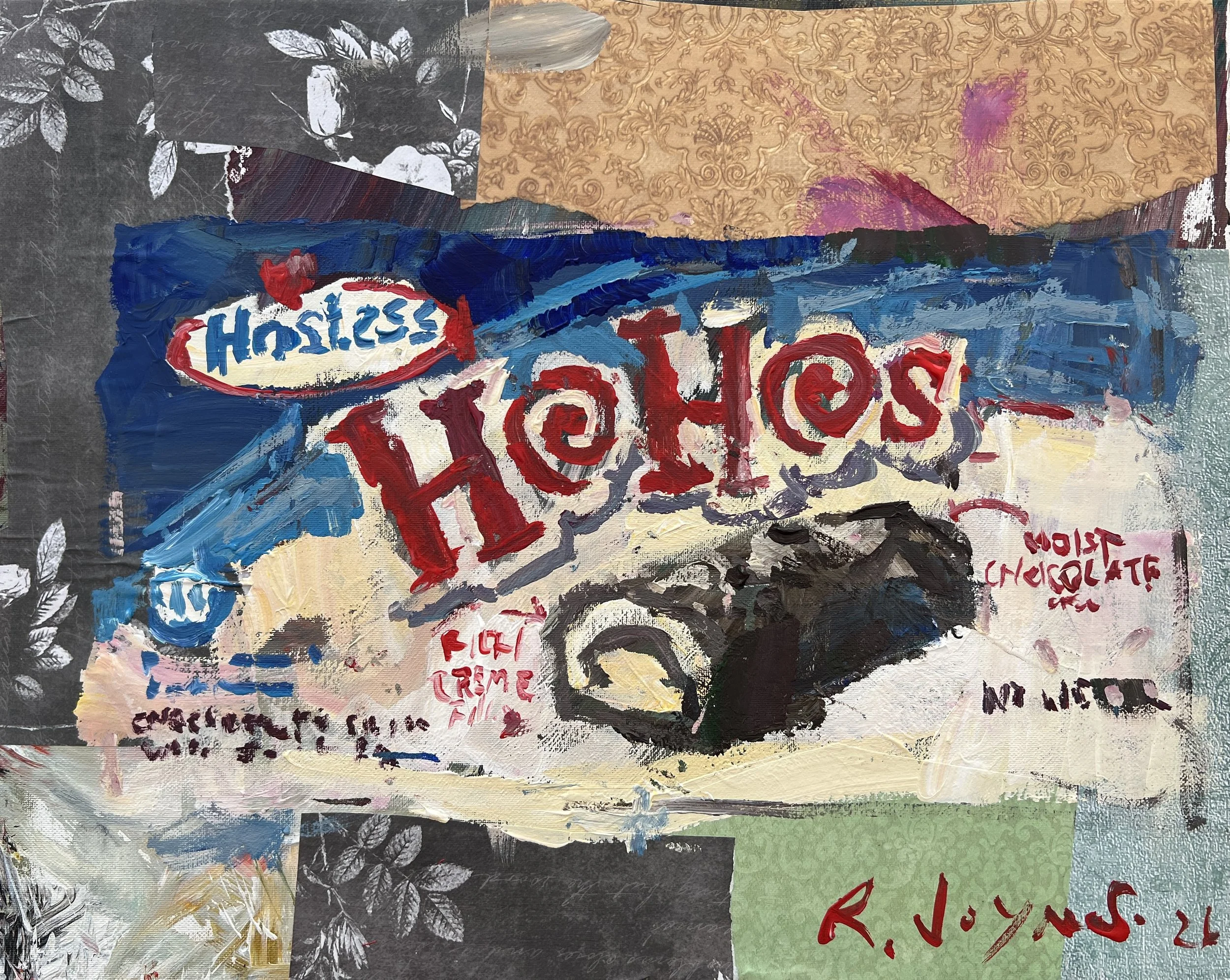 Bold expressive painting of Hostess Ho Hos box with chocolate roll cakes and collage elements, acrylics on 20x16 canvas - retro kitchen wall art