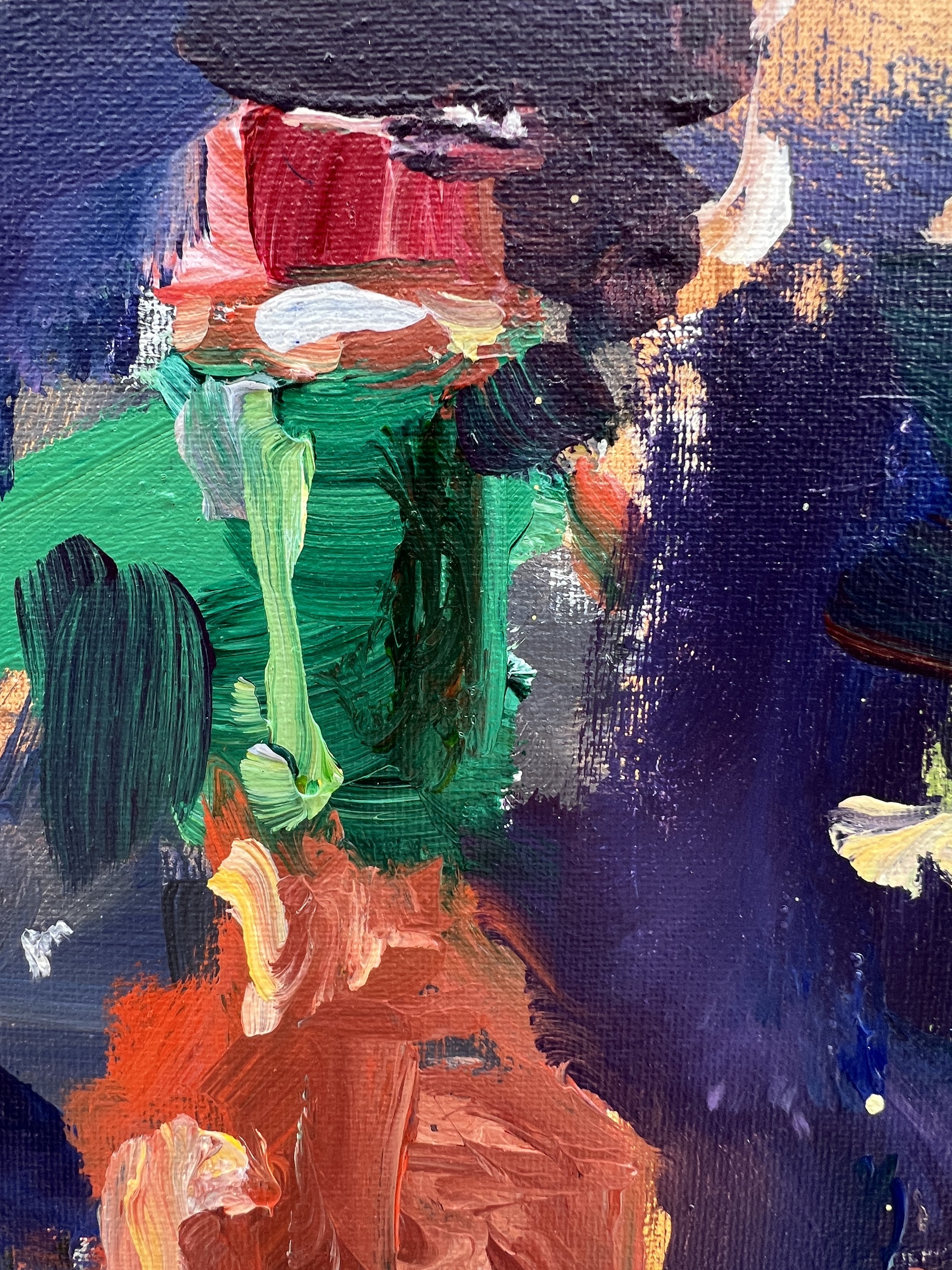 Detail view of Loose expressive original painting of Tabasco sauce bottle