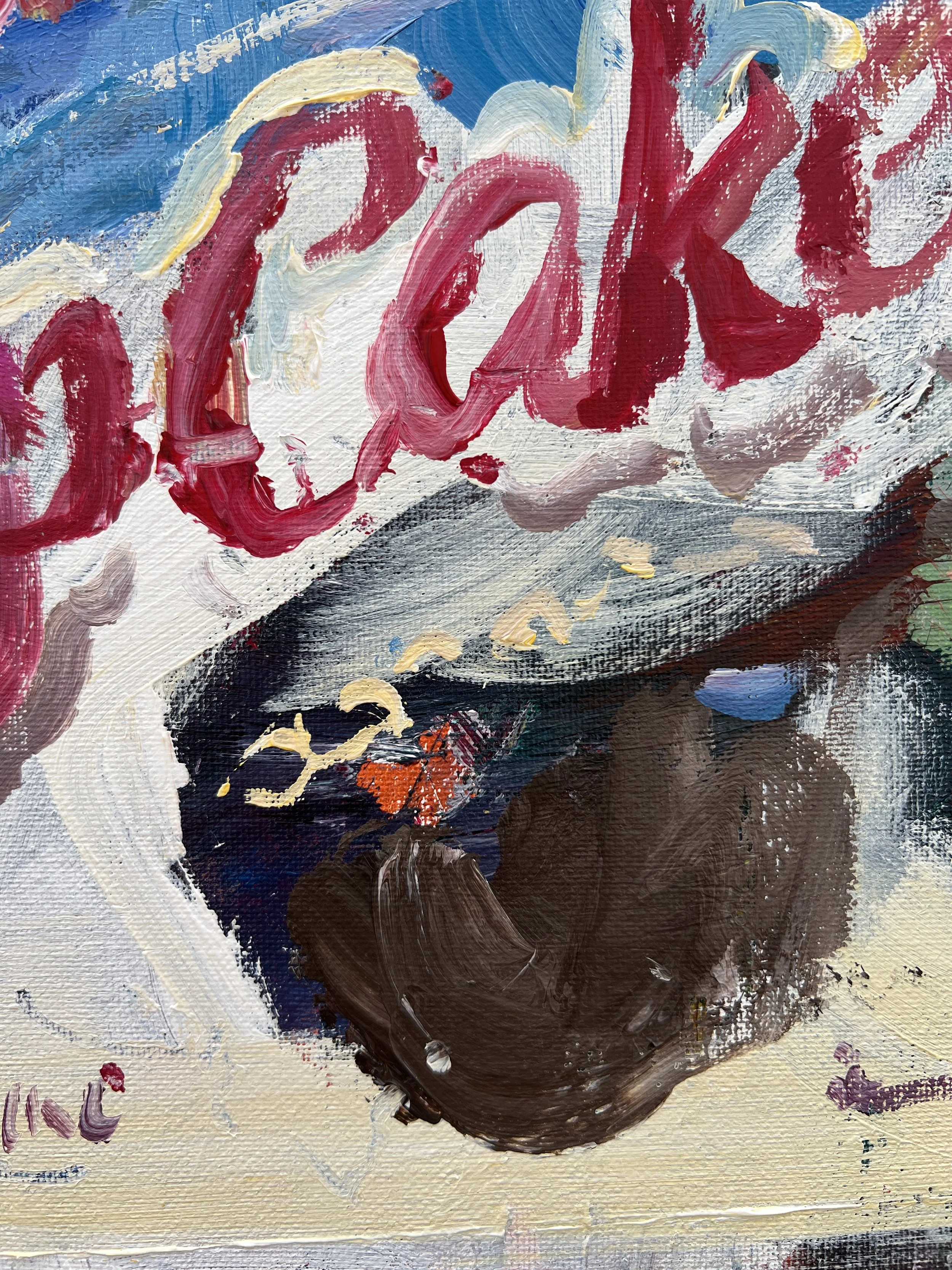 Bold expressive painting of Hostess Cupcakes orange box with chocolate cupcakes and white squiggle, acrylics on 20x16 canvas - close up 5