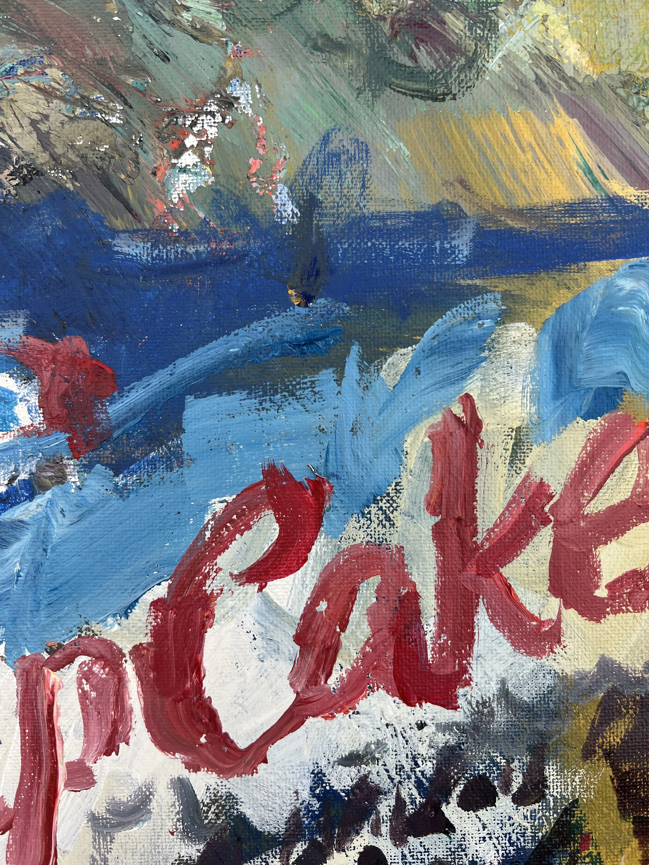 Bold expressive painting of Hostess Cupcakes orange box with chocolate cupcakes and white squiggle, acrylics on 16x20 canvas - close up 2