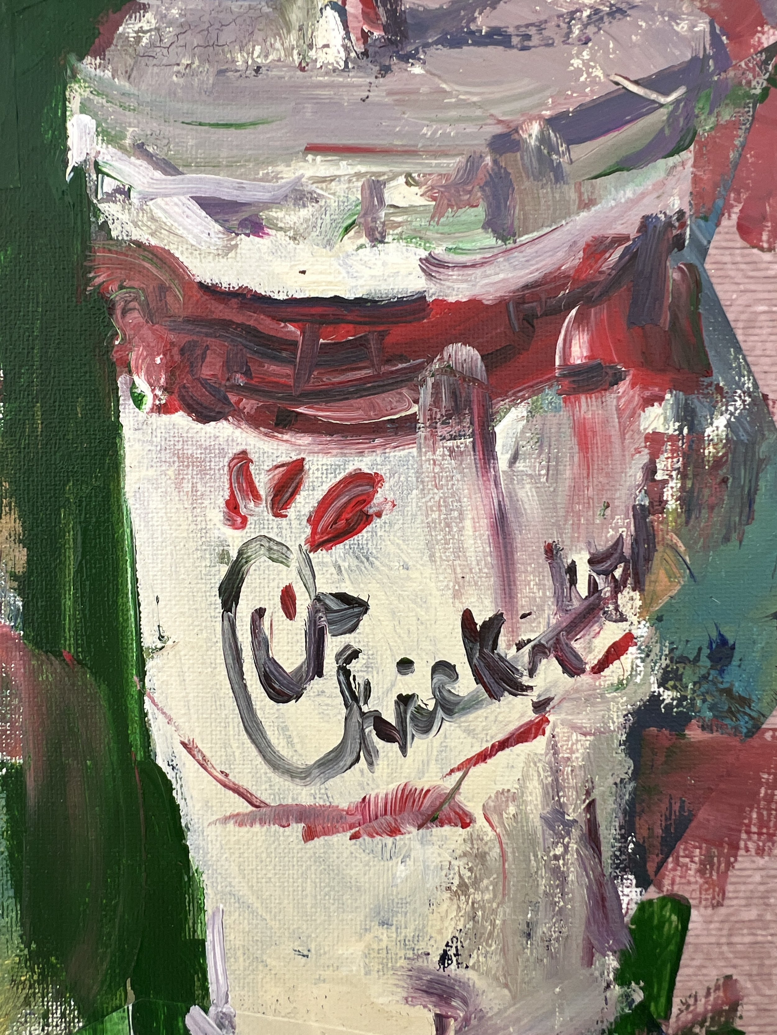 Bold expressive painting of Chick-fil-A cup with red logo and collage elements, acrylics on 14x11 canvas - close up 3
